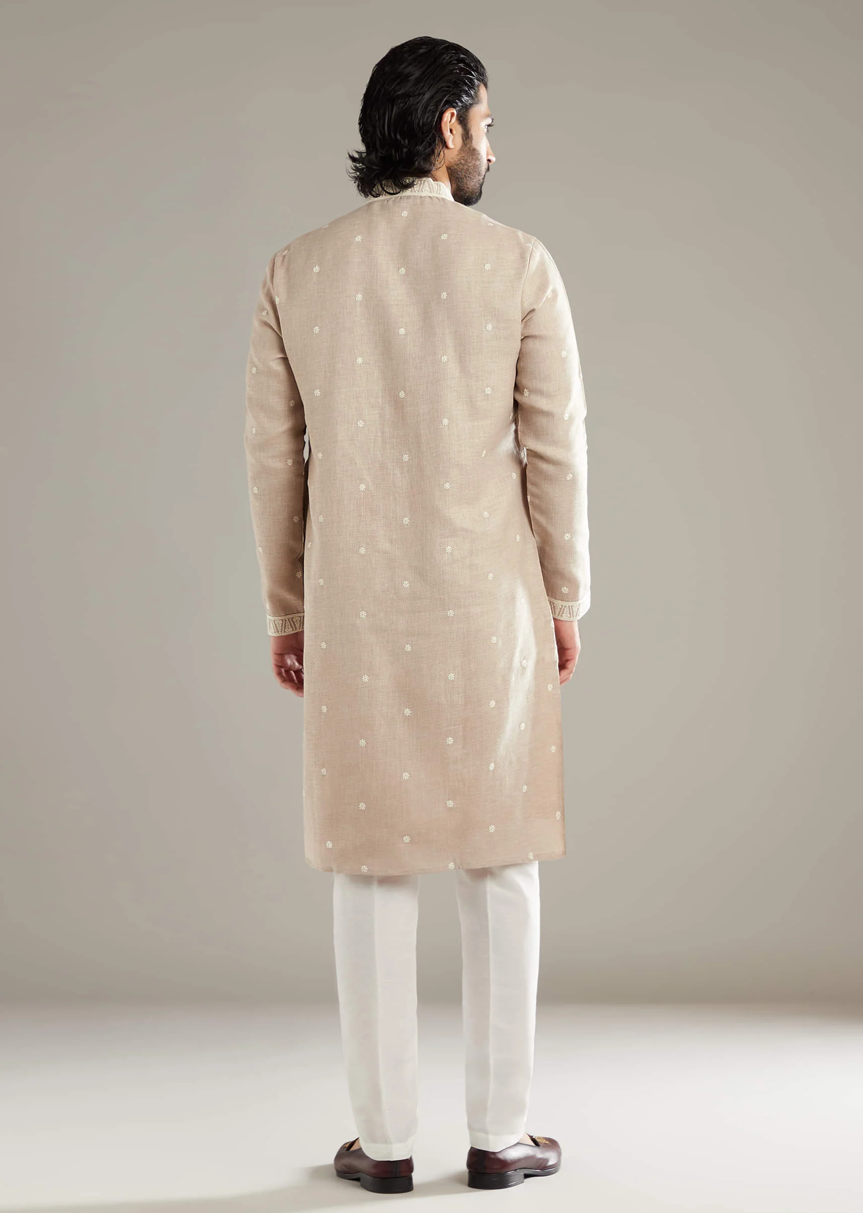 Beige Linen Kurta Set For Men With Resham Hand Work - Image 3