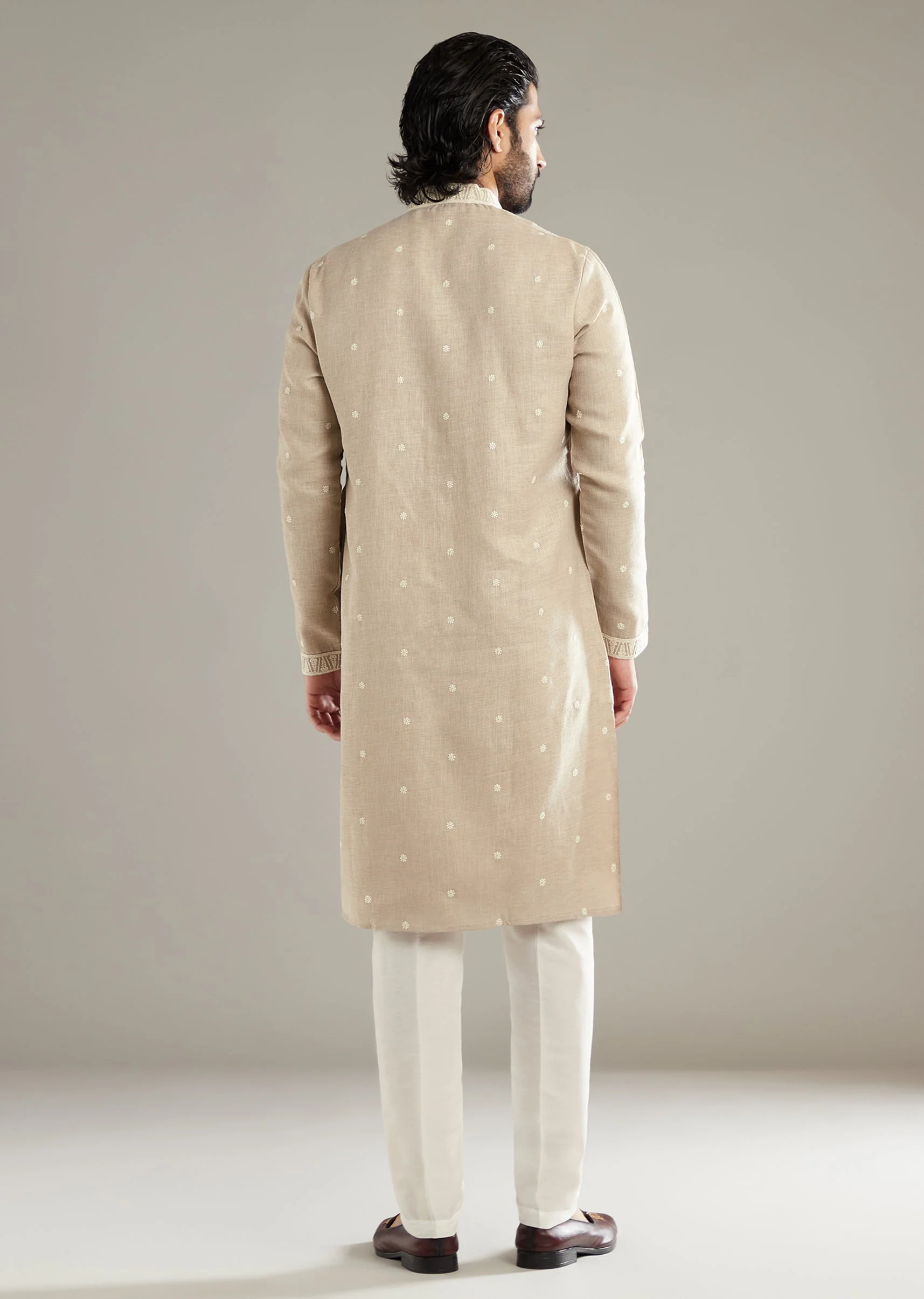 Beige Linen Kurta Set For Men With Resham Hand Work - Image 5