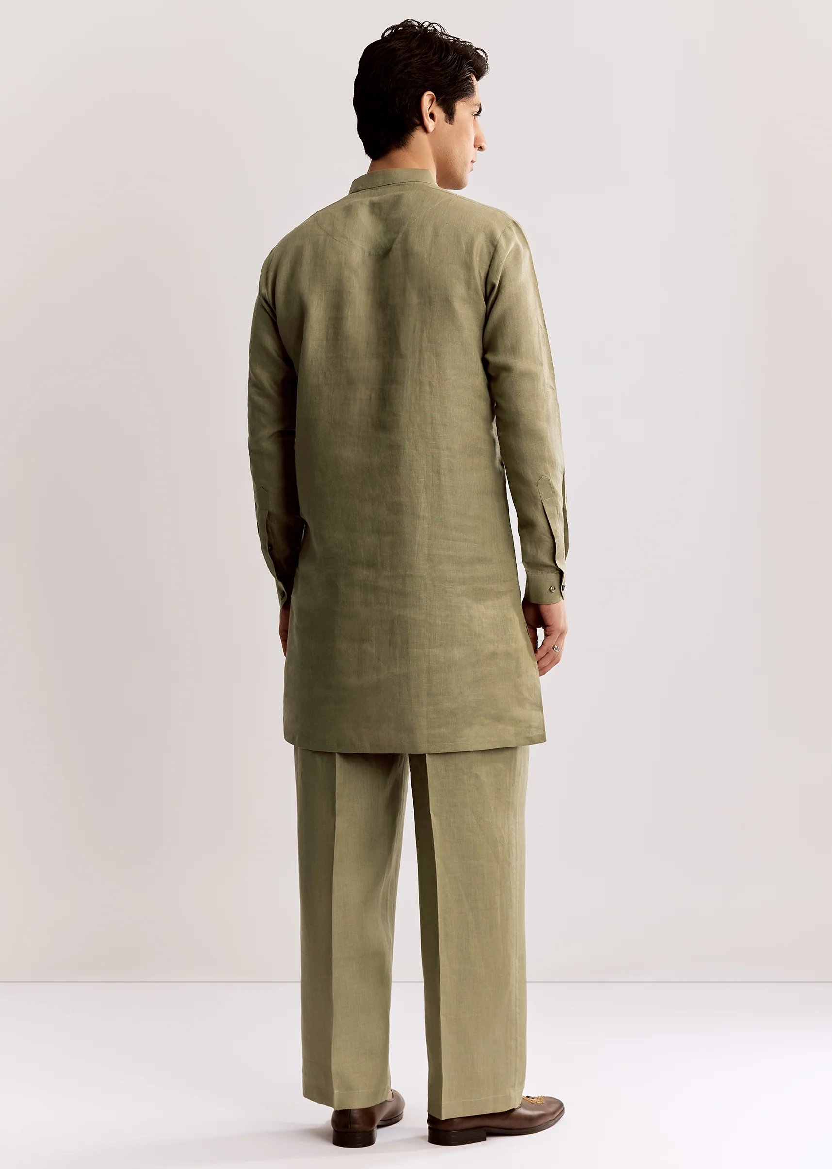 Beige Linen Kurta Set With Embroidery - Image 5