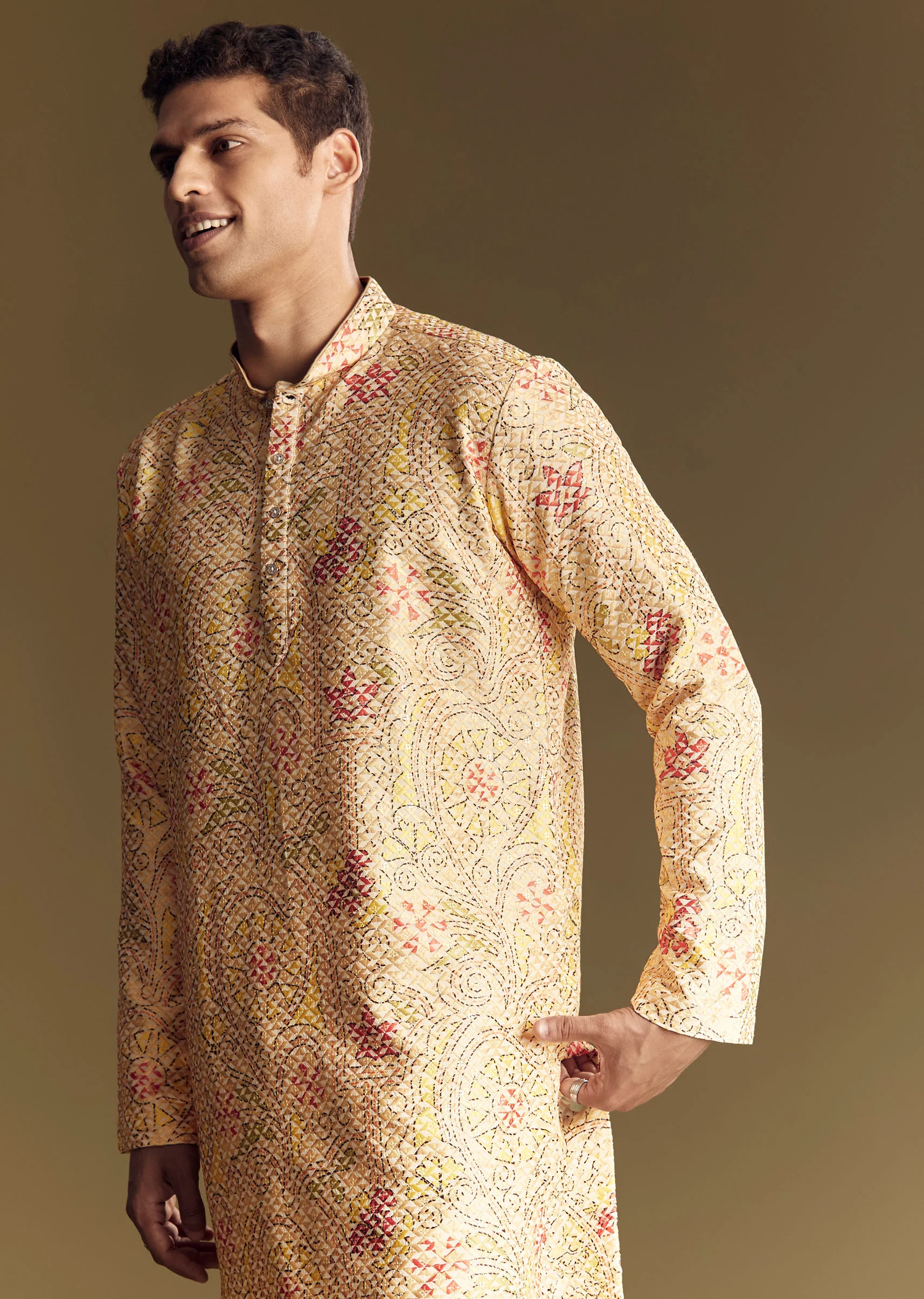 Beige Linen Kurta Set With Minimalist Detailing - Image 3