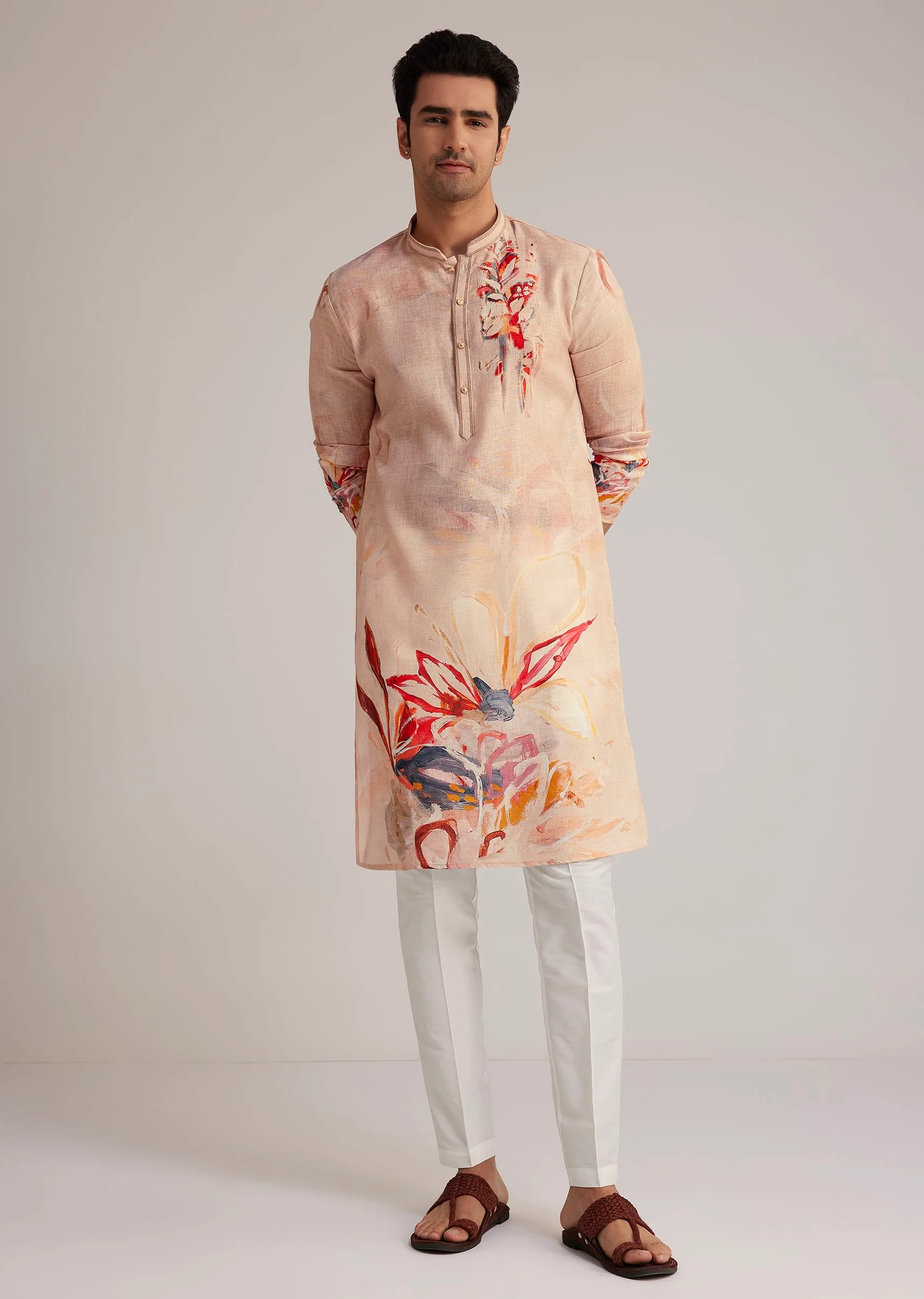 Beige Linen Kurta With Floral Print - Image 2