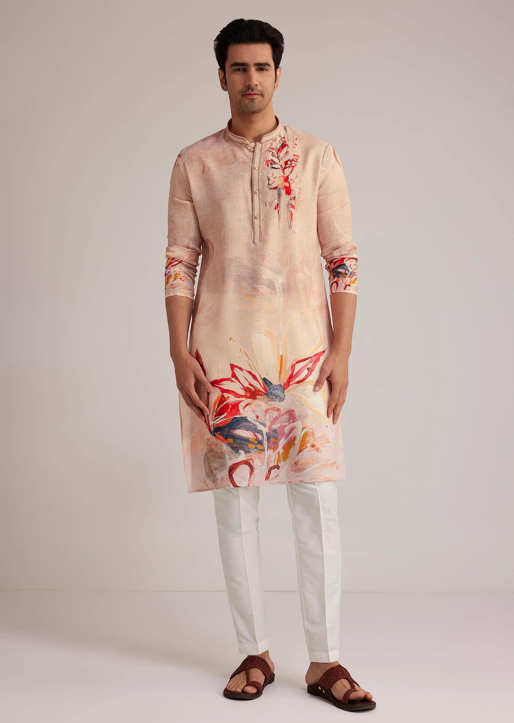 Beige Linen Kurta With Floral Print - Image 4