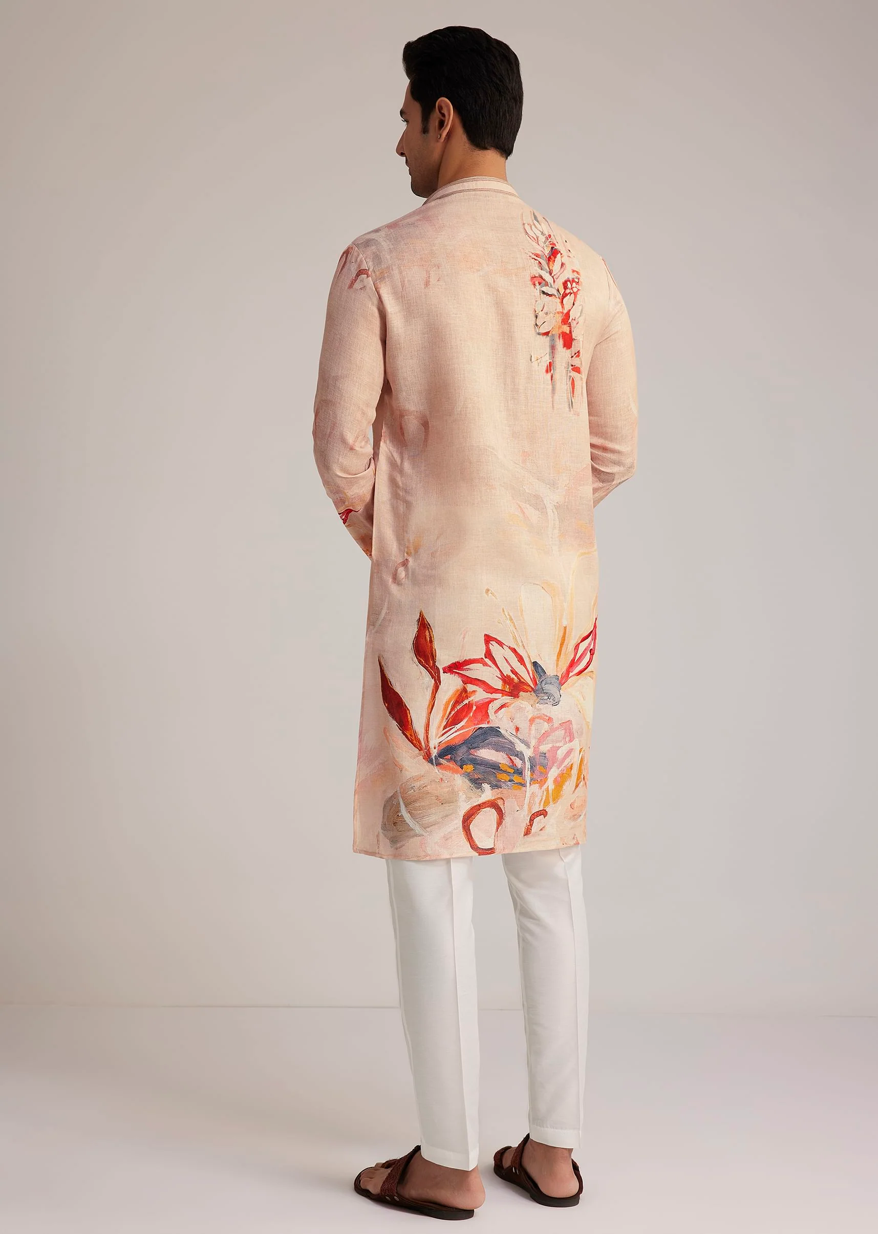 Beige Linen Kurta With Floral Print - Image 5