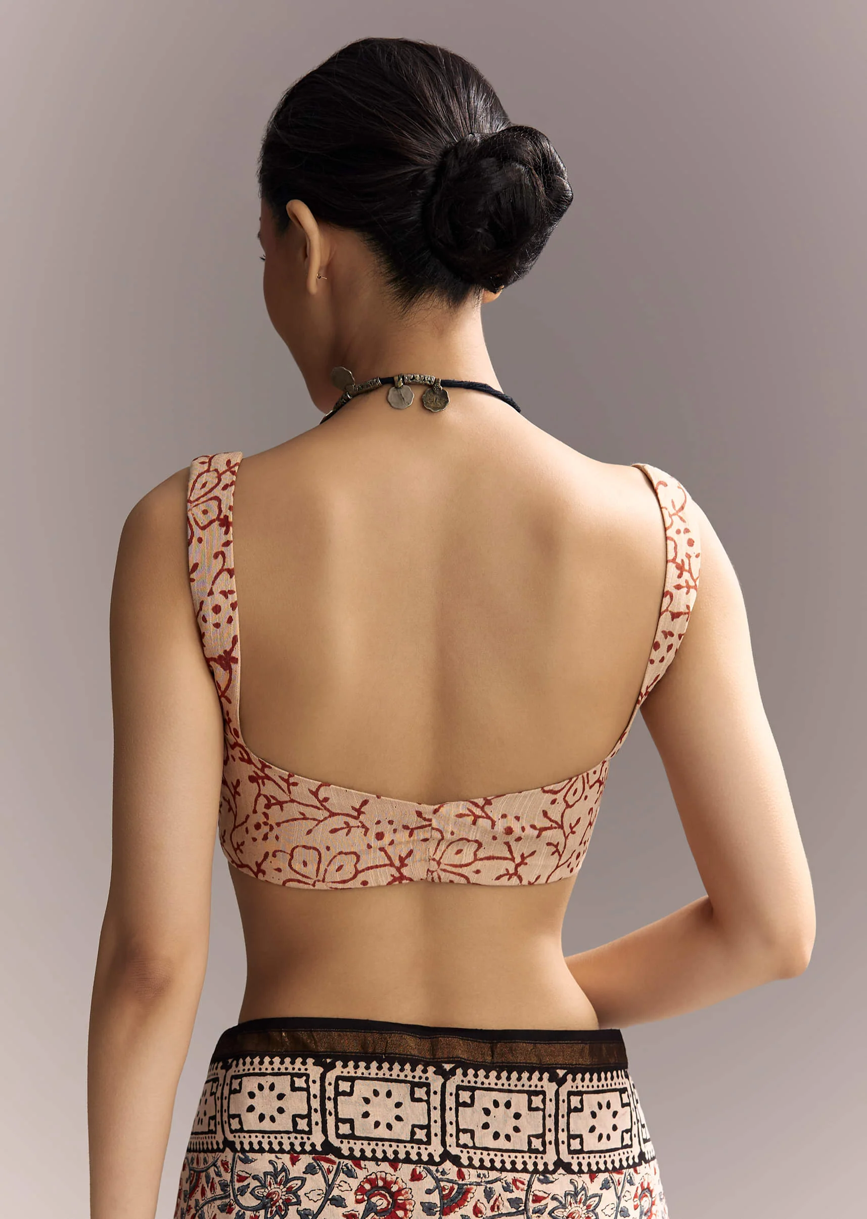 Beige Linen Saree With Ajrakh Floral Print And Black Border - Image 8