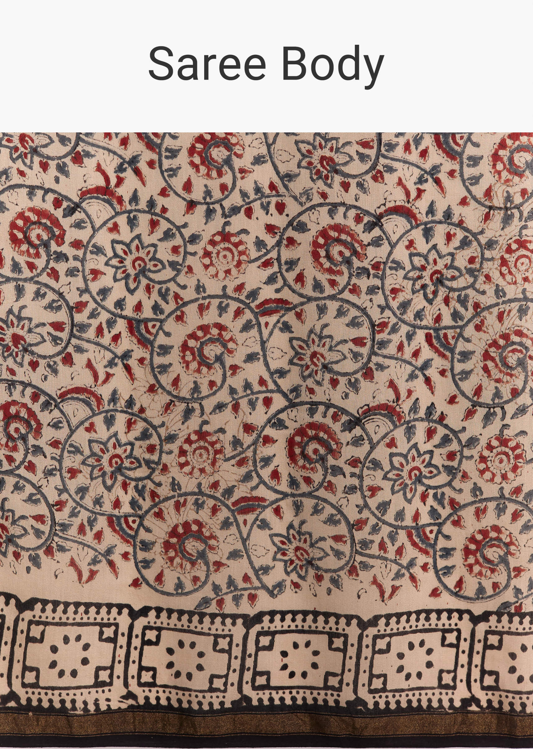 Beige Linen Saree With Ajrakh Floral Print And Black Border - Image 9