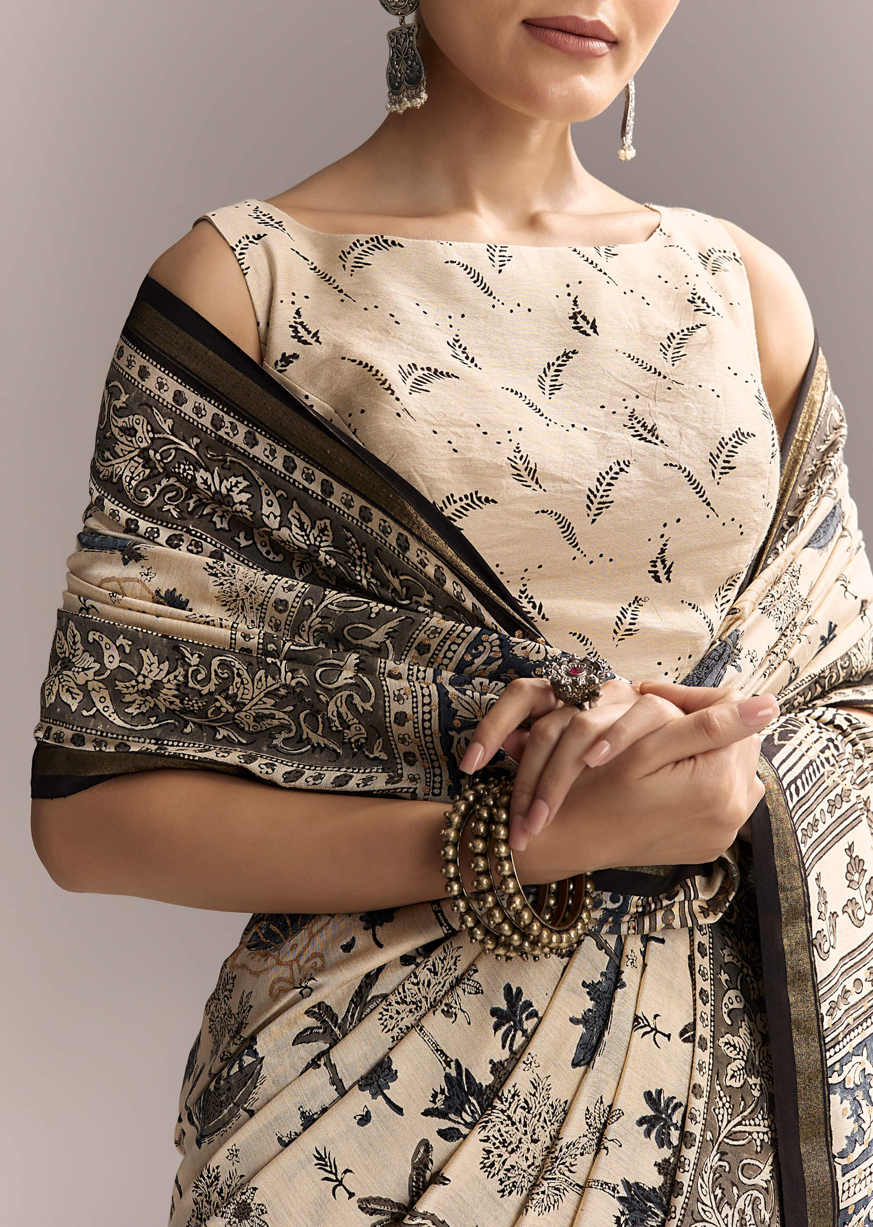 Beige Linen Saree With Black Hand Block Ajrakh Floral Print - Image 2
