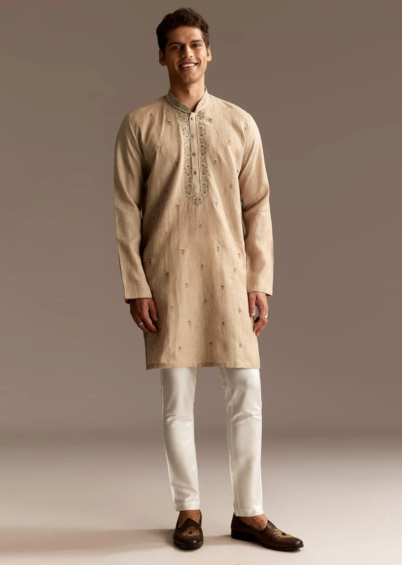 Beige Linen Threadwork Kurta Set - Image 4