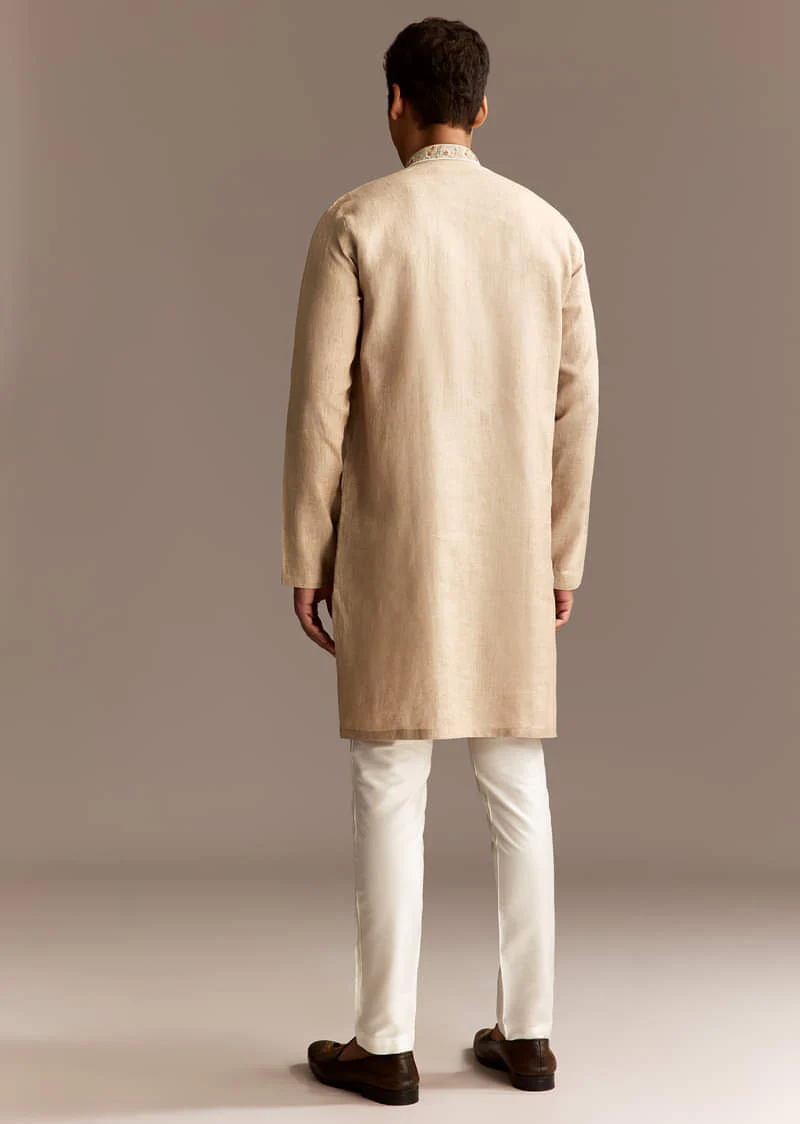 Beige Linen Threadwork Kurta Set - Image 5