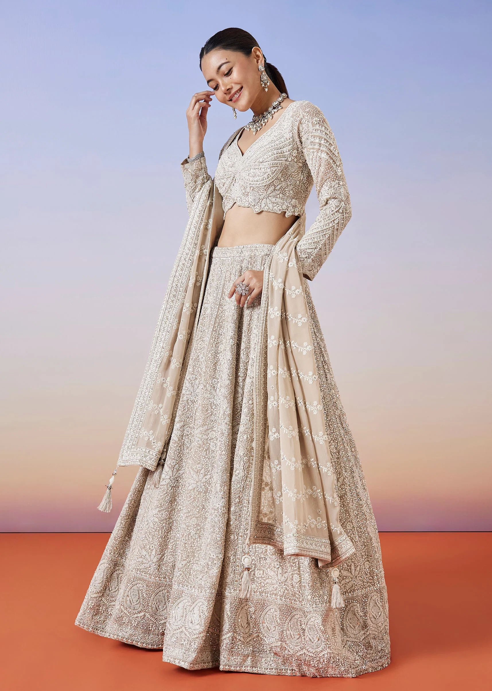 Beige Lucknowi Chikankari Lehenga With Dupatta - Image 4