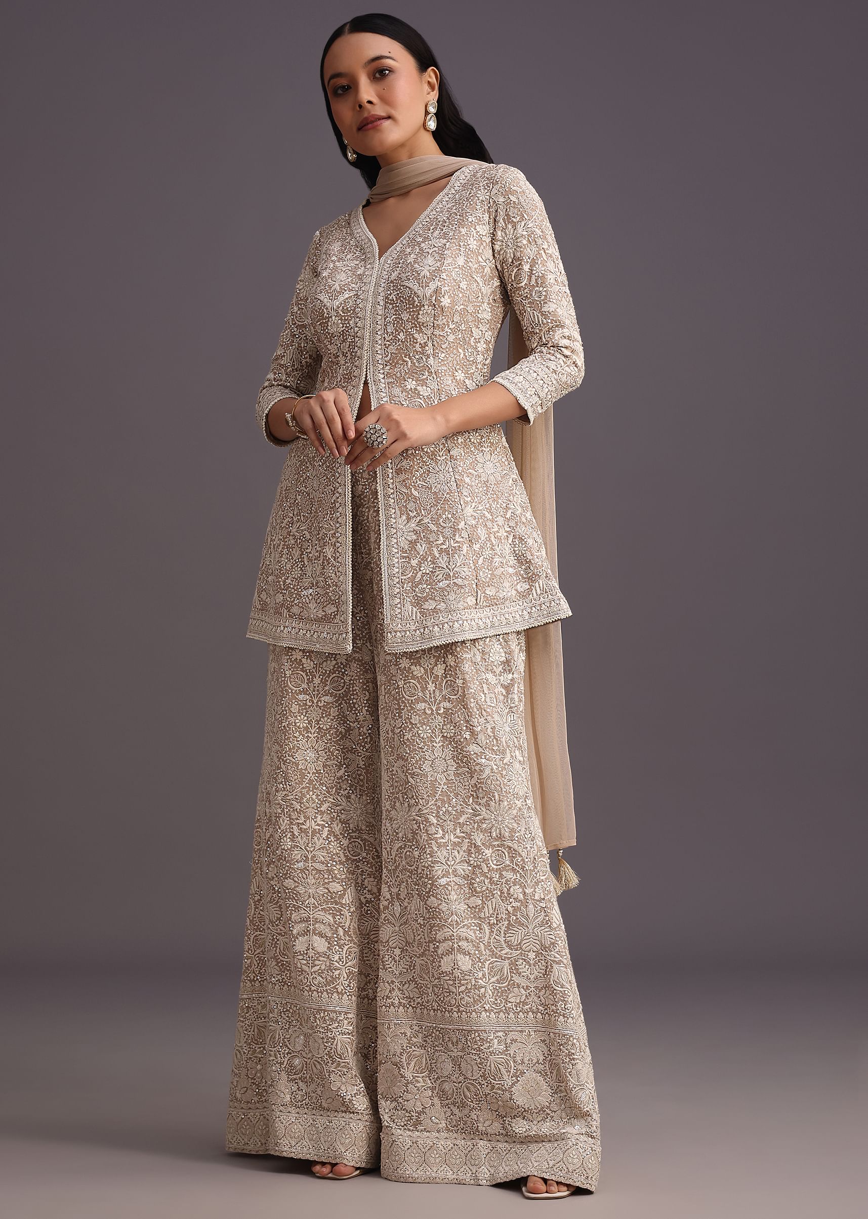 Beige Lucknowi Kurti Palazzo With Net Dupatta - Image 3