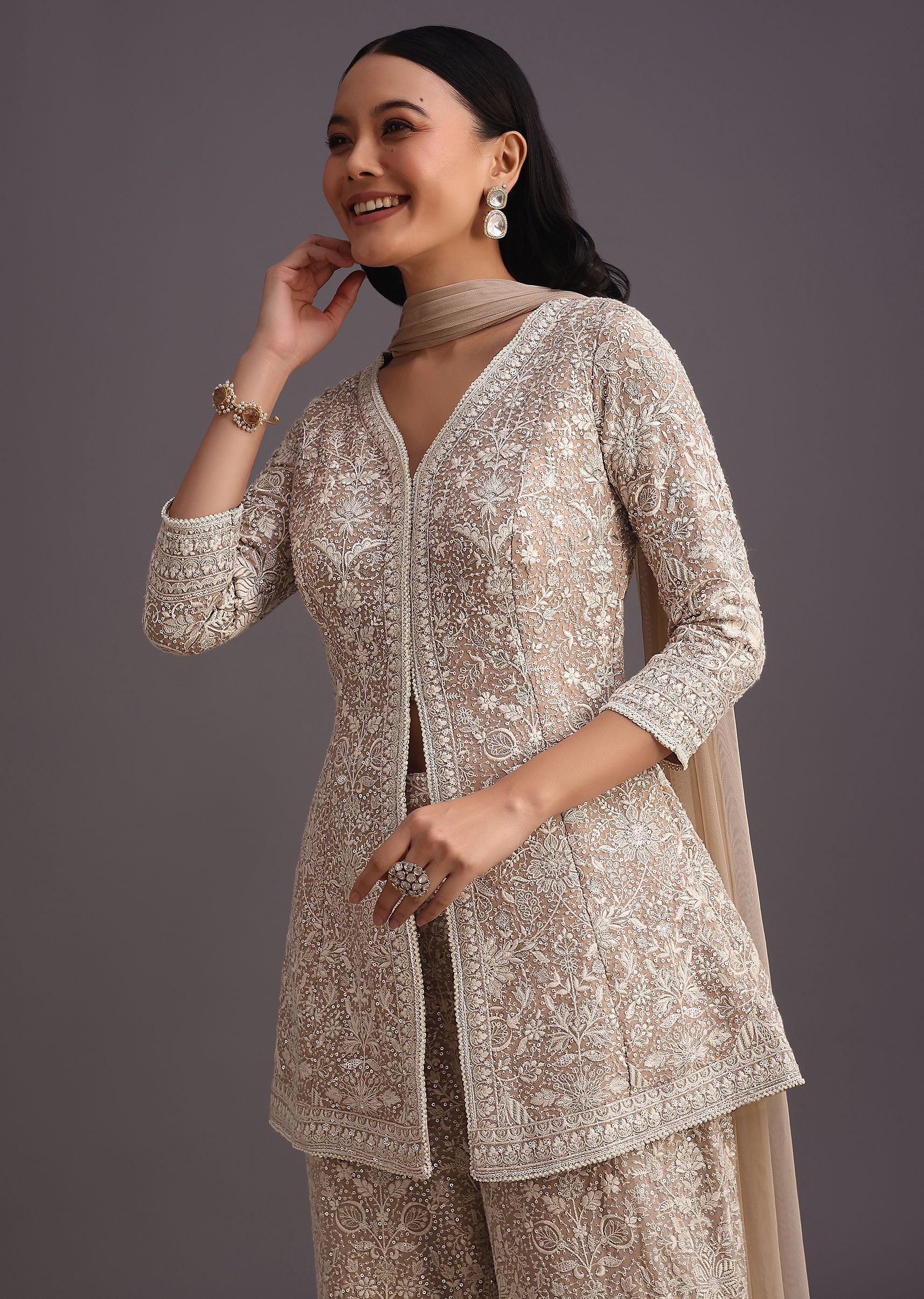 Beige Lucknowi Kurti Palazzo With Net Dupatta - Image 4