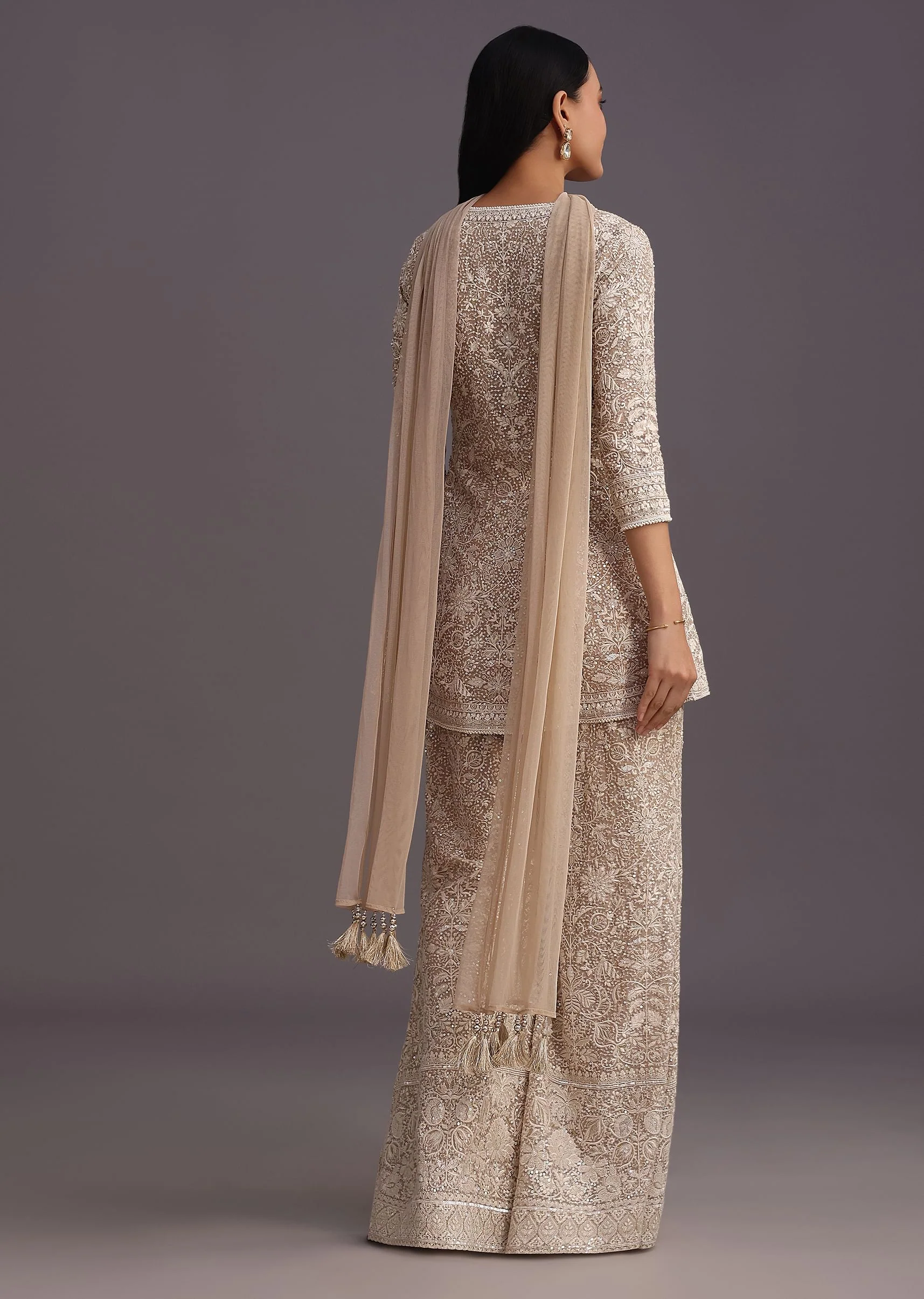 Beige Lucknowi Kurti Palazzo With Net Dupatta - Image 5