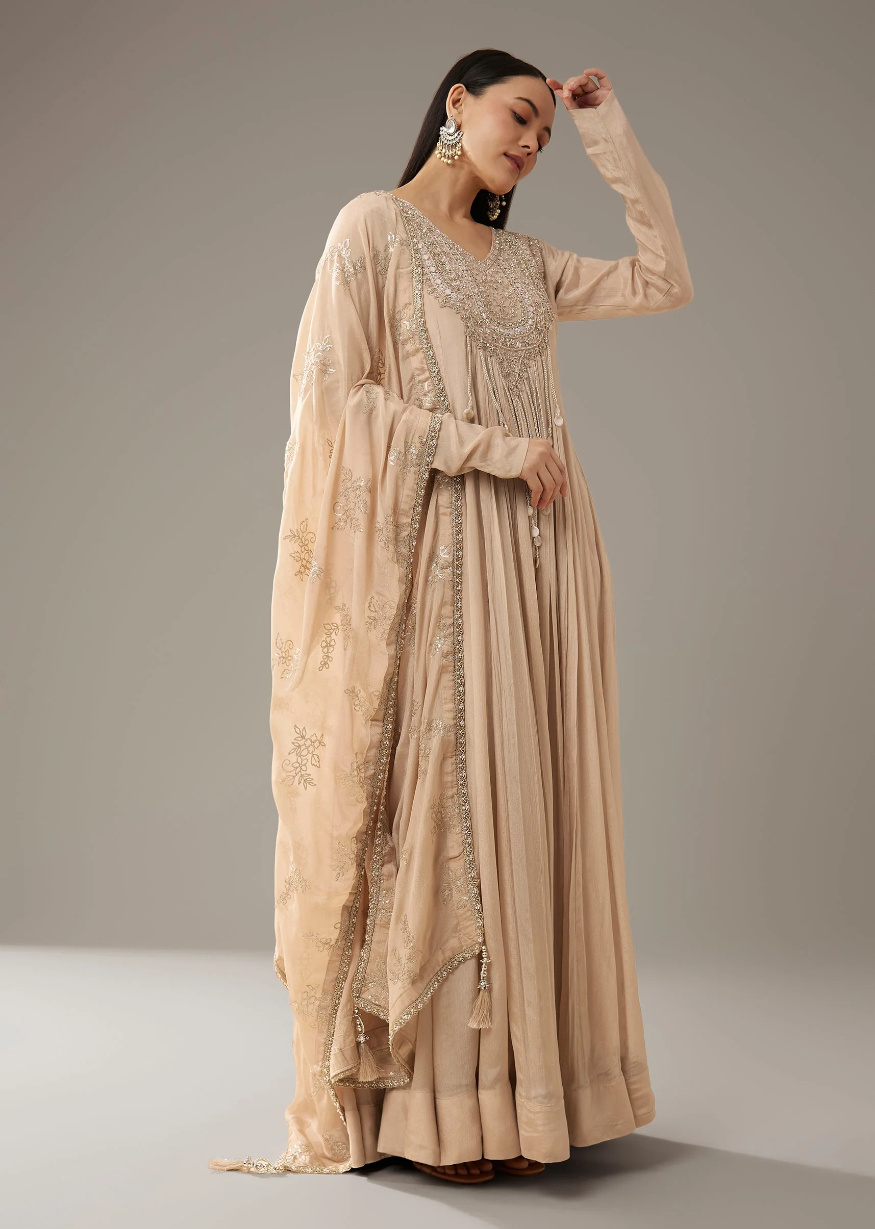 Beige Mirror Embellished Anarkali with Dupatta