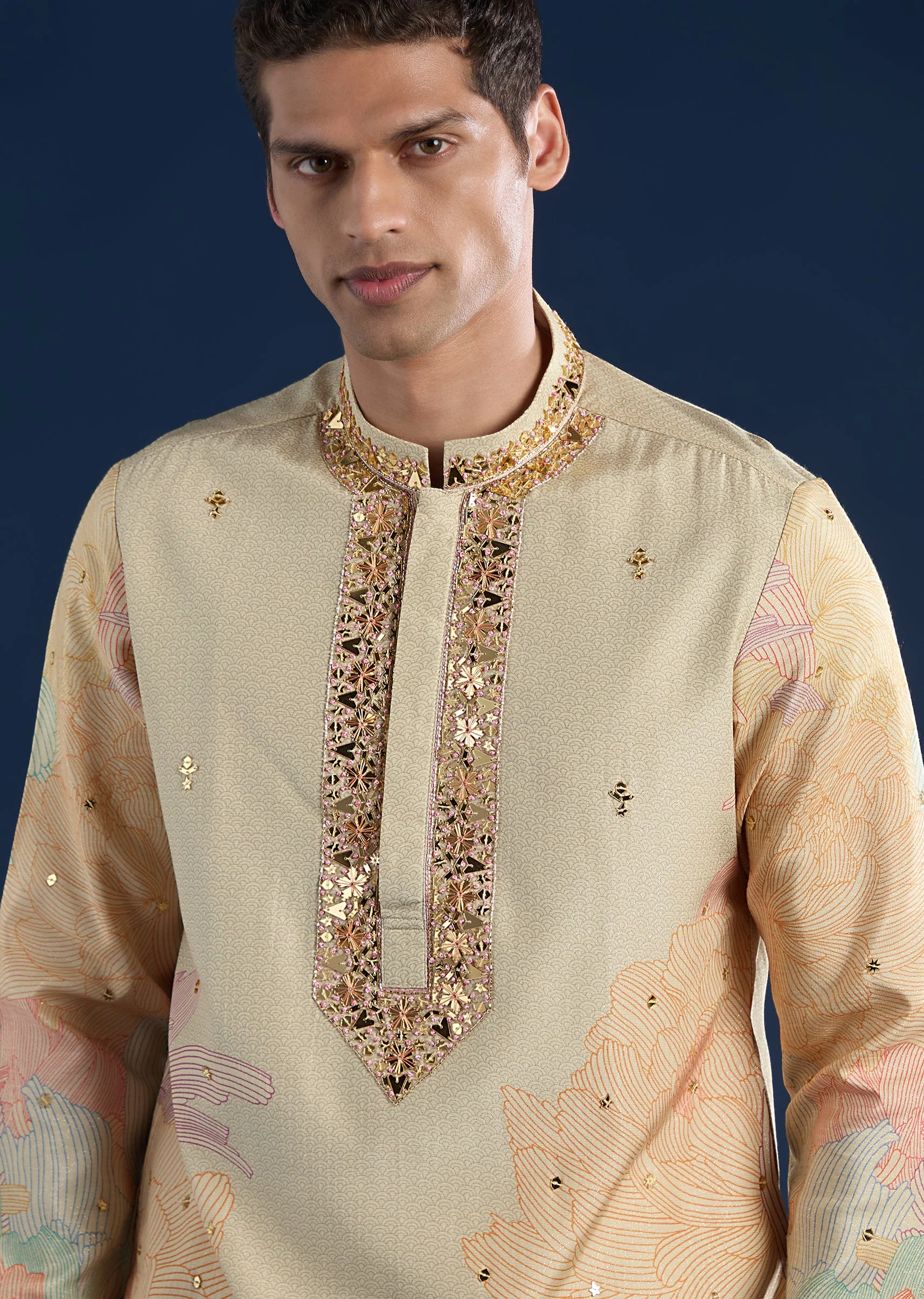 Beige Mirror Work With Kurta Sets - Image 2