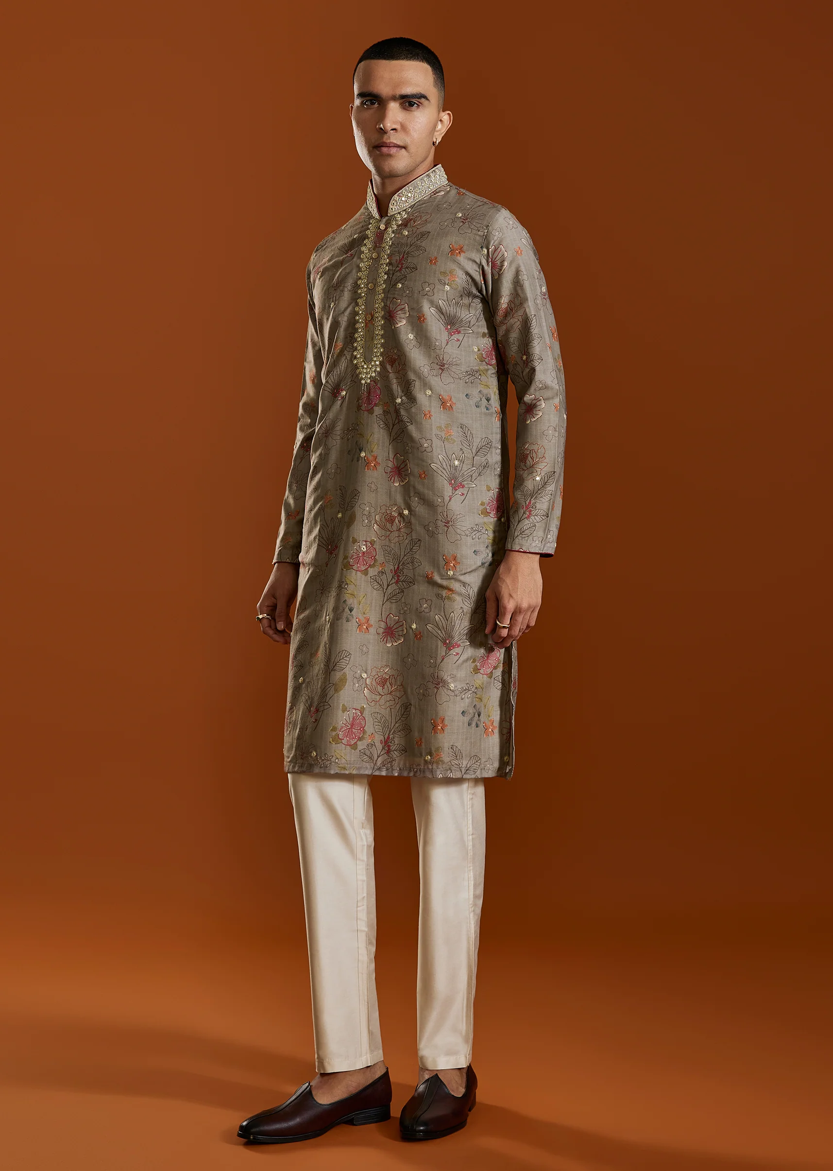 Beige Modal Chanderi Zari Mirrorwork Kurta Jacket Set - Image 3
