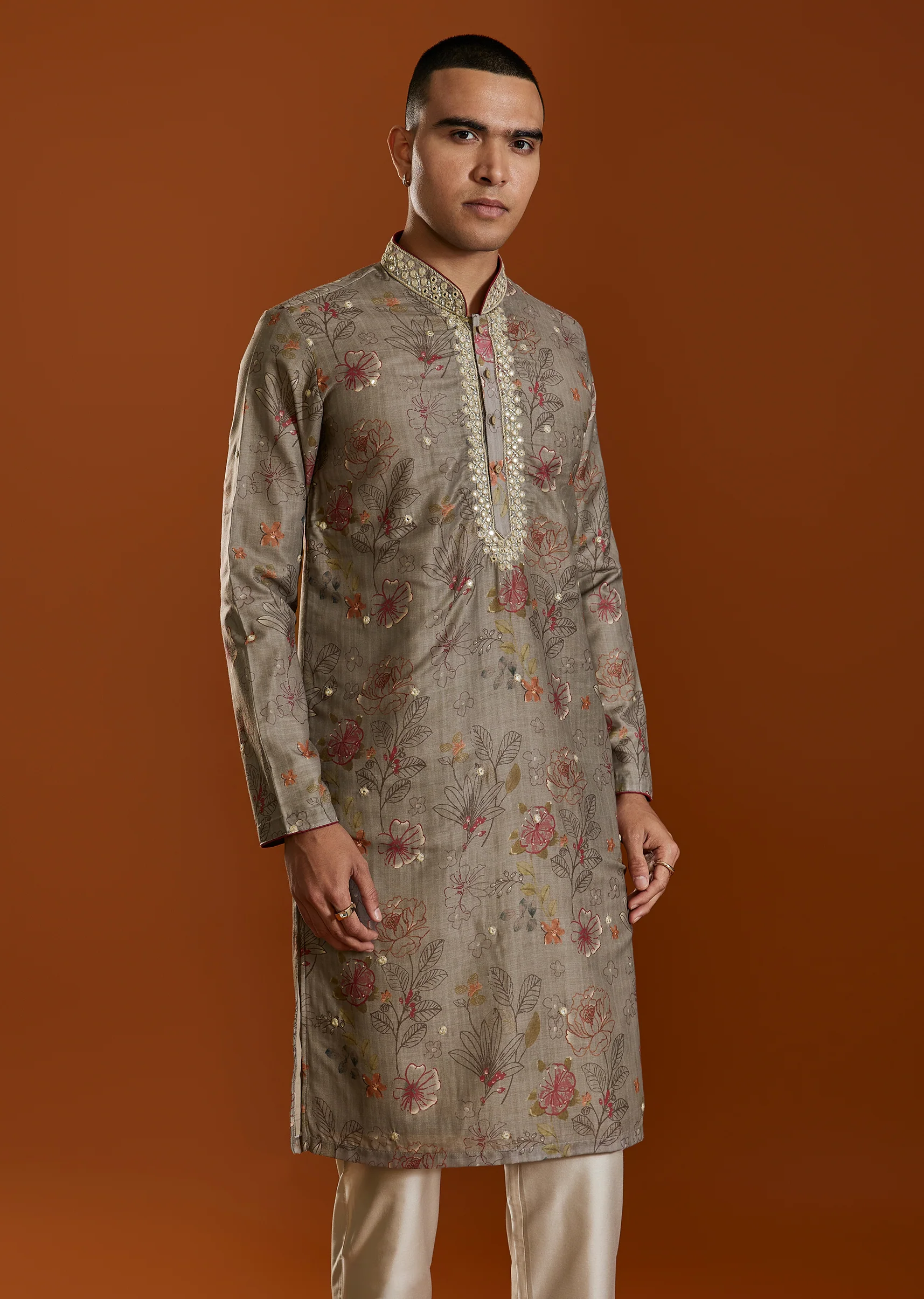 Beige Modal Chanderi Zari Mirrorwork Kurta Jacket Set - Image 4