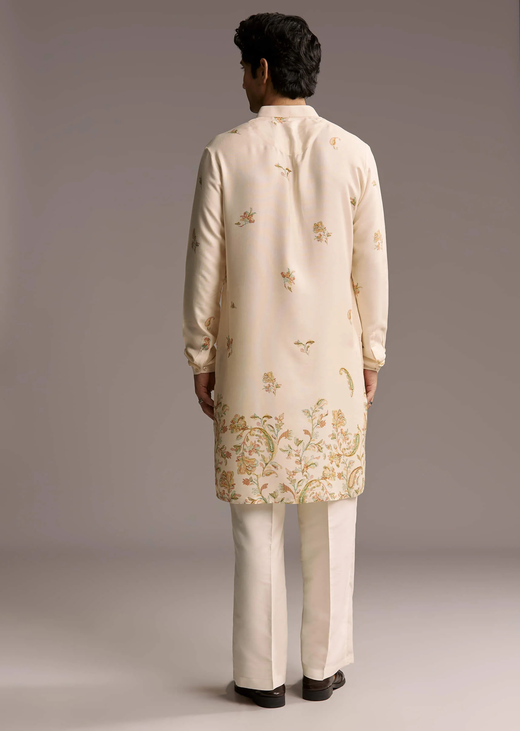 Beige Modal Printed Kurta Set For Men - Image 5