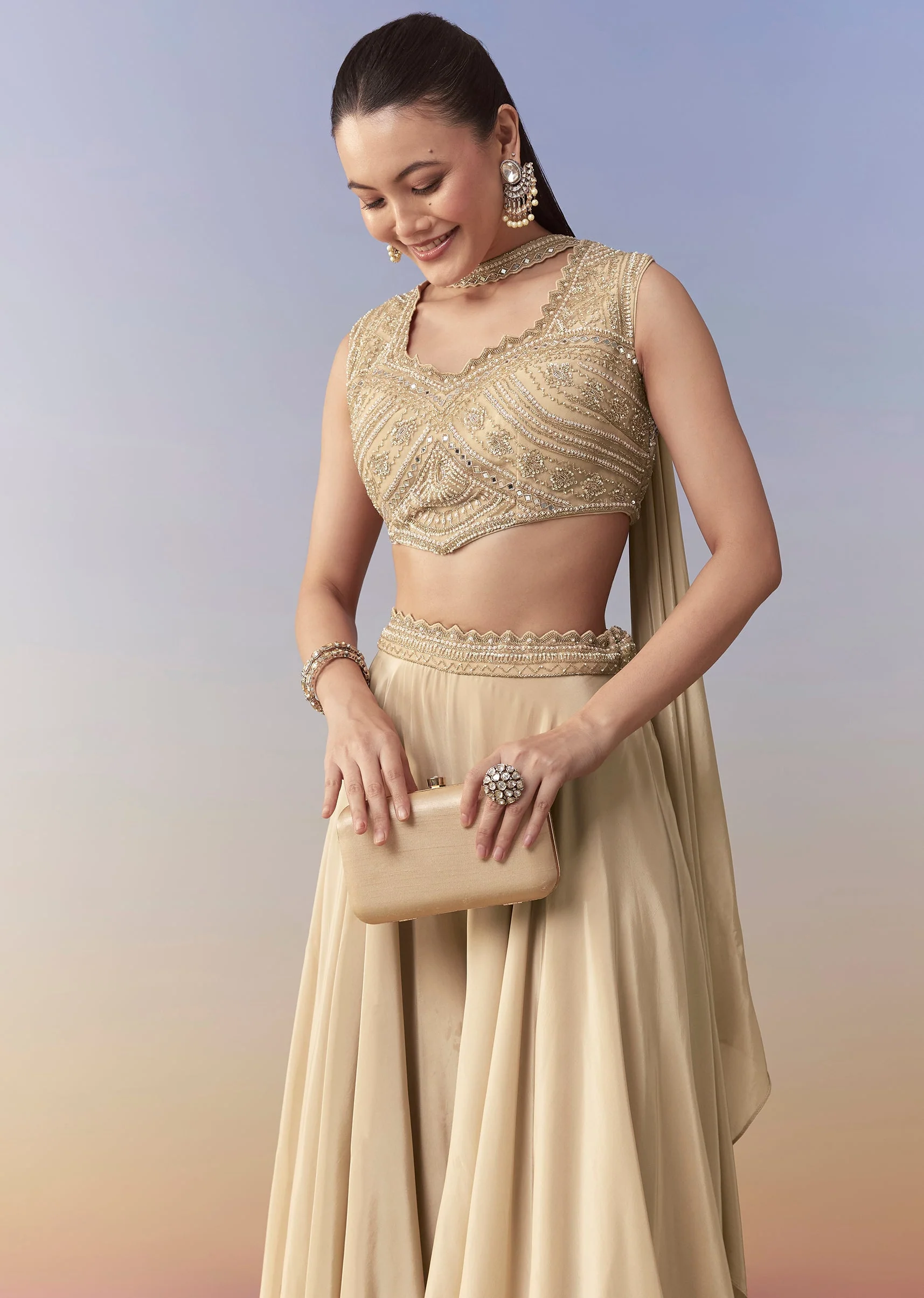 Beige Moti Work Crop Top Palazzo and Dupatta Set - Image 4