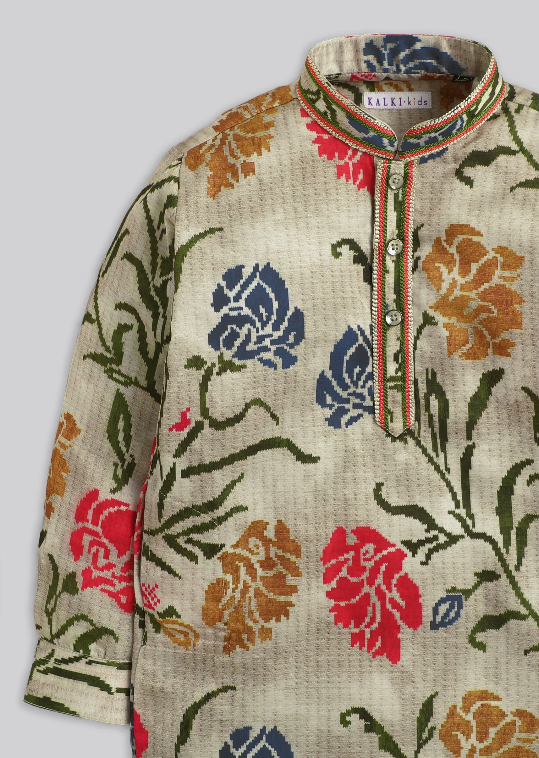 Beige Multi Floral Kurta Set For Boys - Image 5