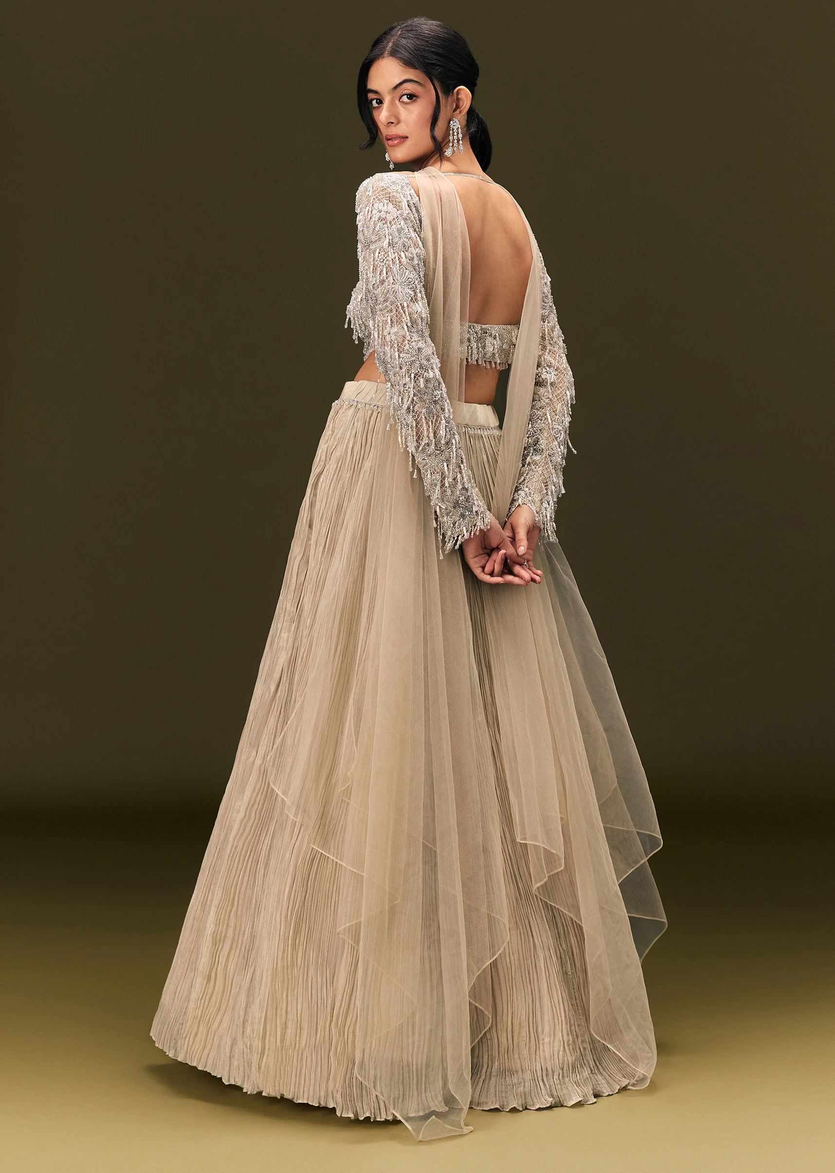 Beige Net Embroidered Blouse With Ruched Lehenga And Choker Dupatta - Image 2