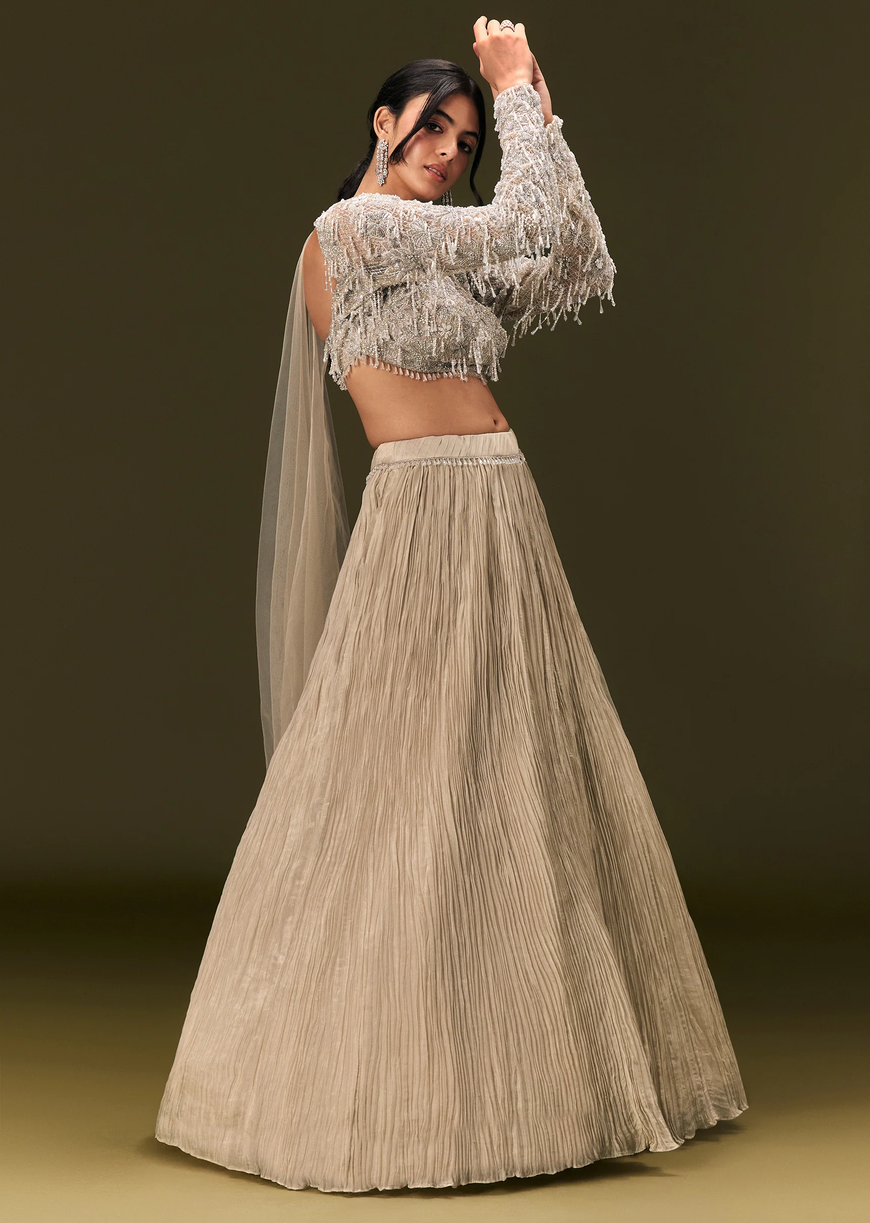 Beige Net Embroidered Blouse With Ruched Lehenga And Choker Dupatta - Image 4