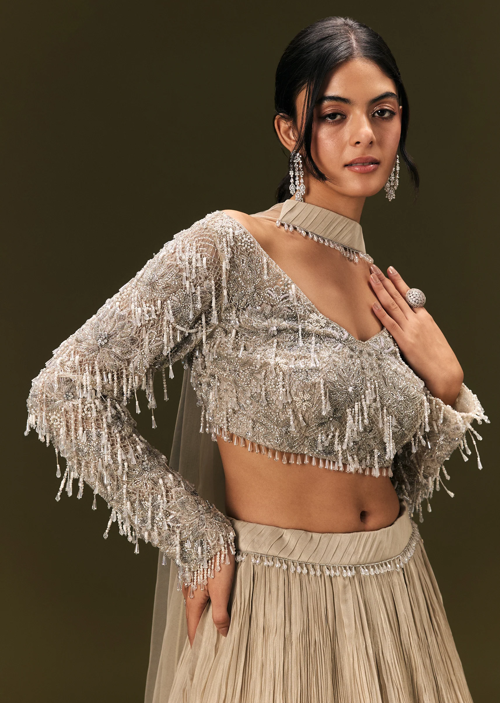 Beige Net Embroidered Blouse With Ruched Lehenga And Choker Dupatta - Image 5