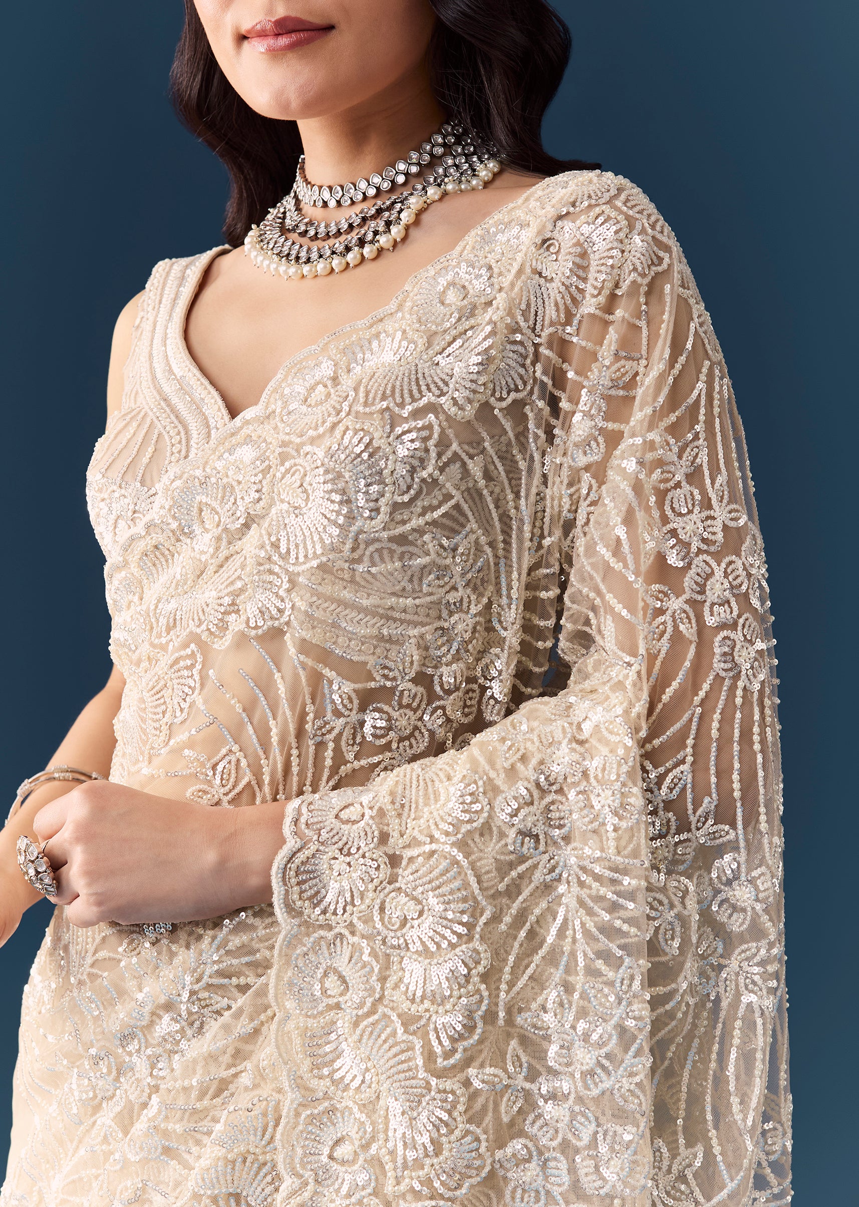 Beige Net Floral Jaal Sequin Work Saree with Unstitched Blouse - Image 2