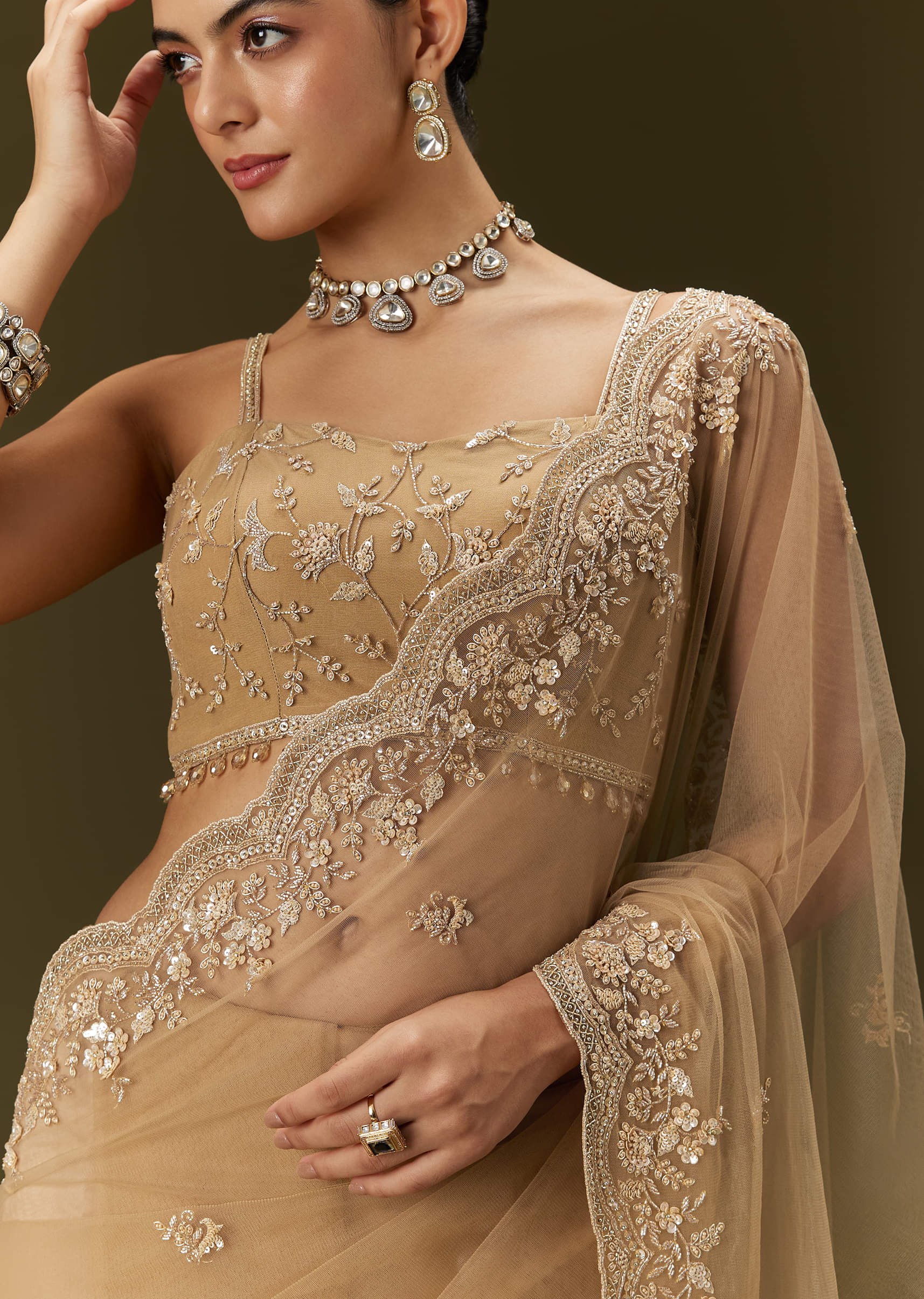Beige Net Saree With All Over Heavy Embroidery - Image 3