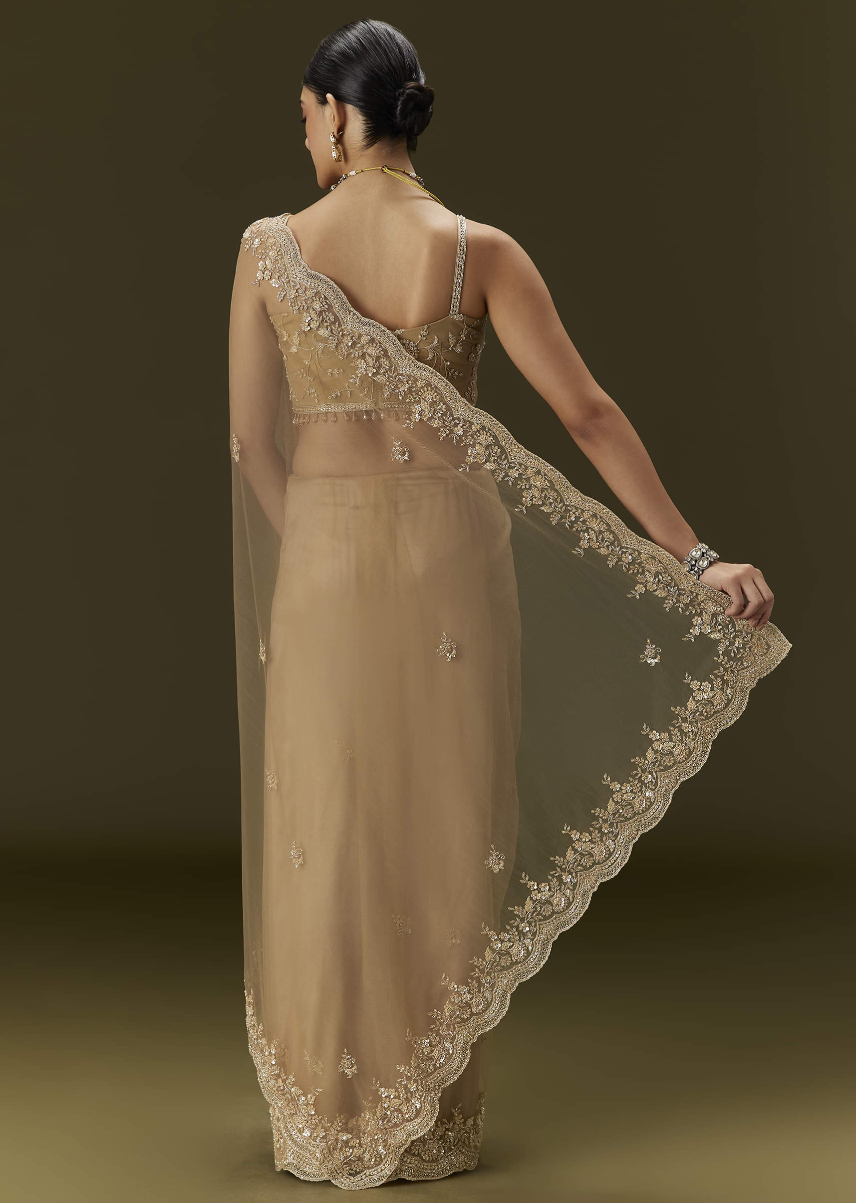 Beige Net Saree With All Over Heavy Embroidery - Image 4