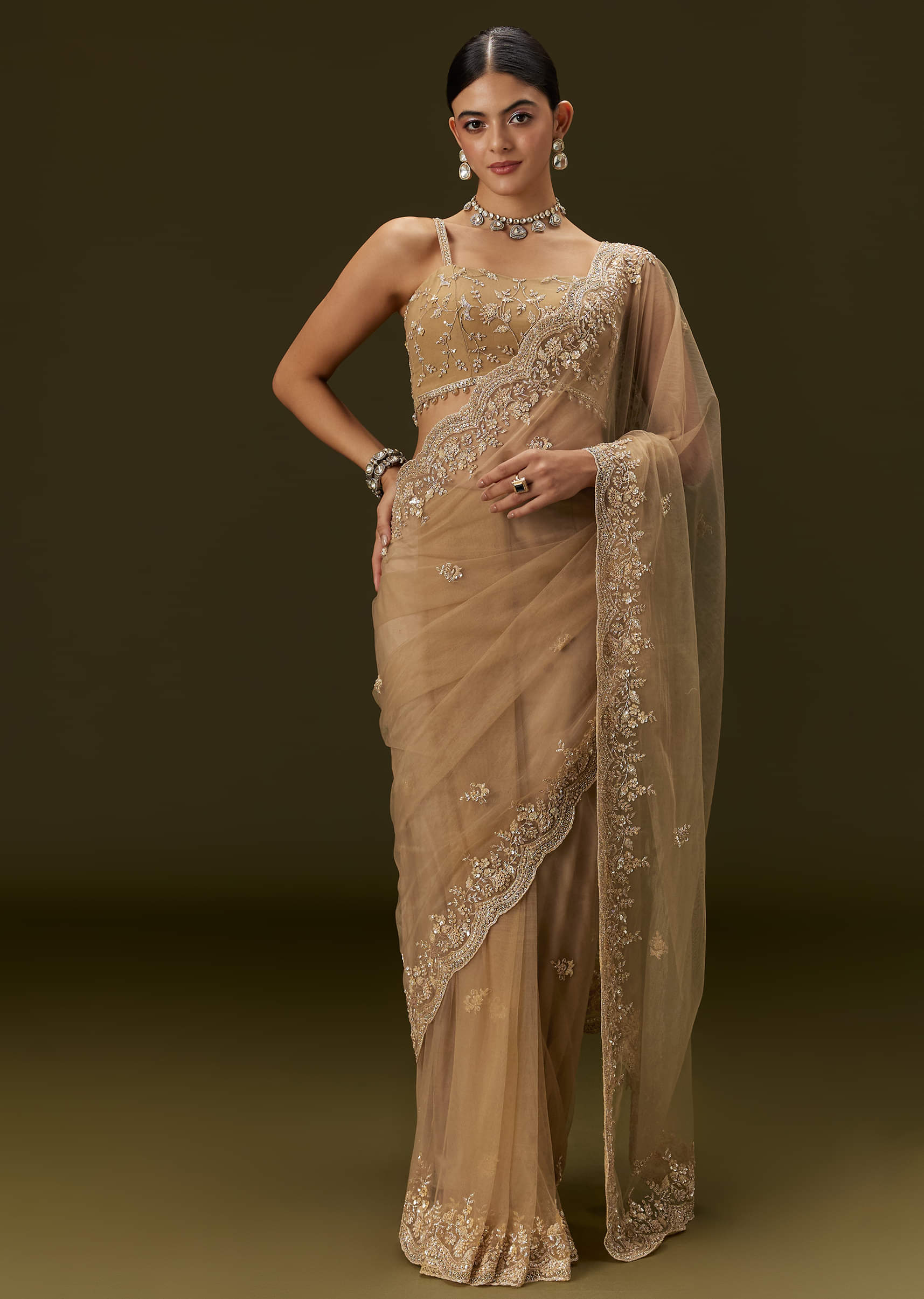 Beige Net Saree With All Over Heavy Embroidery - Image 5