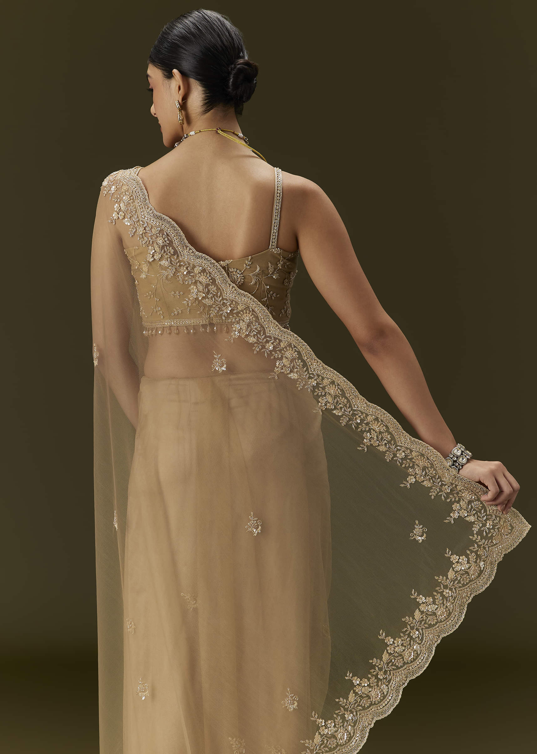 Beige Net Saree With All Over Heavy Embroidery - Image 6