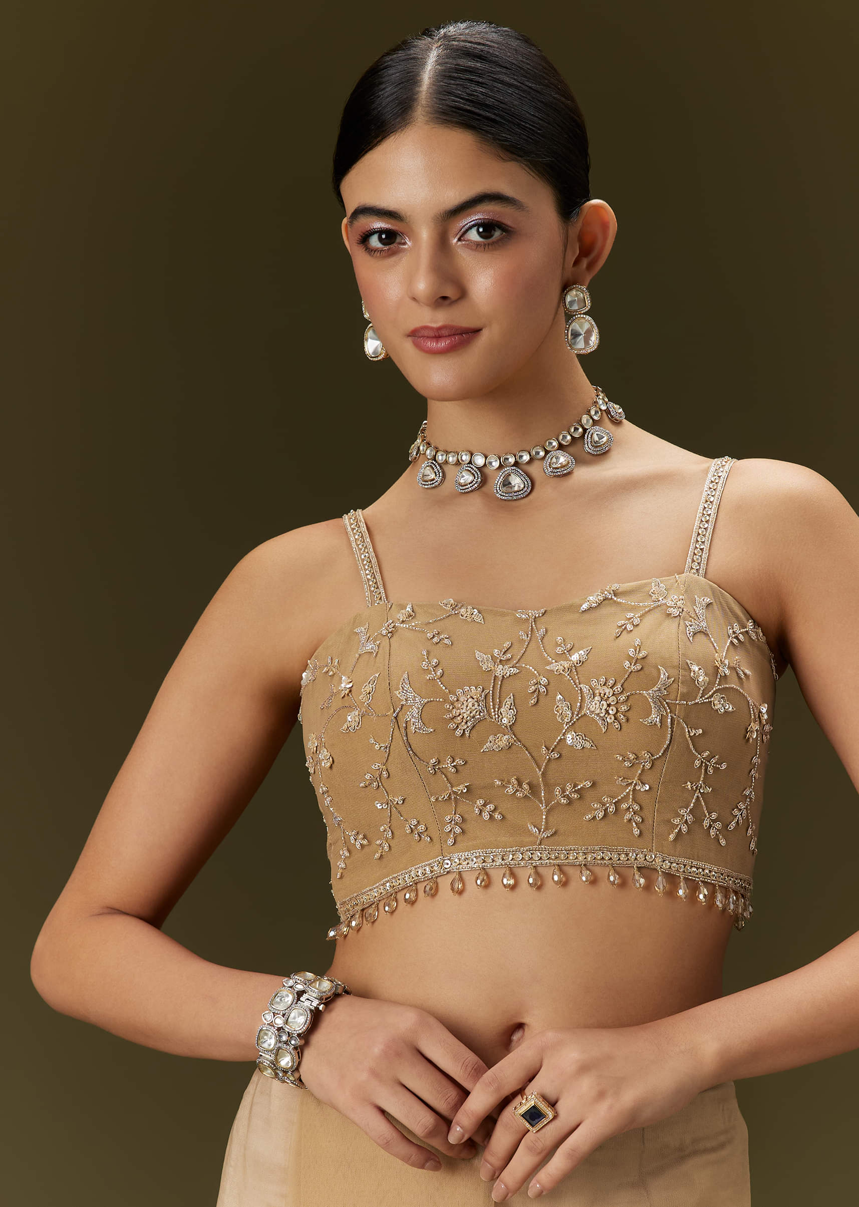 Beige Net Saree With All Over Heavy Embroidery - Image 7