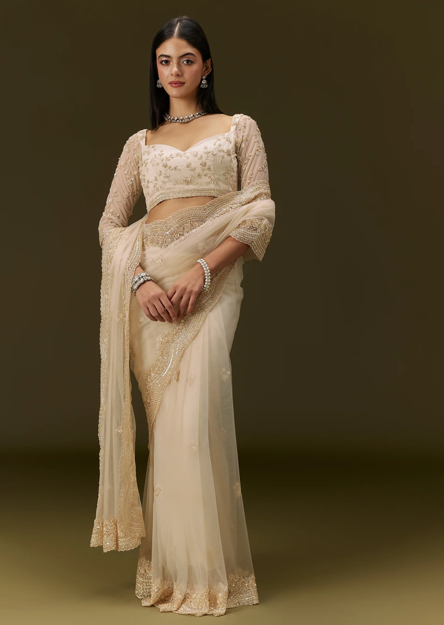 Beige Net Saree With Heavy All Over Embroidery - Image 5