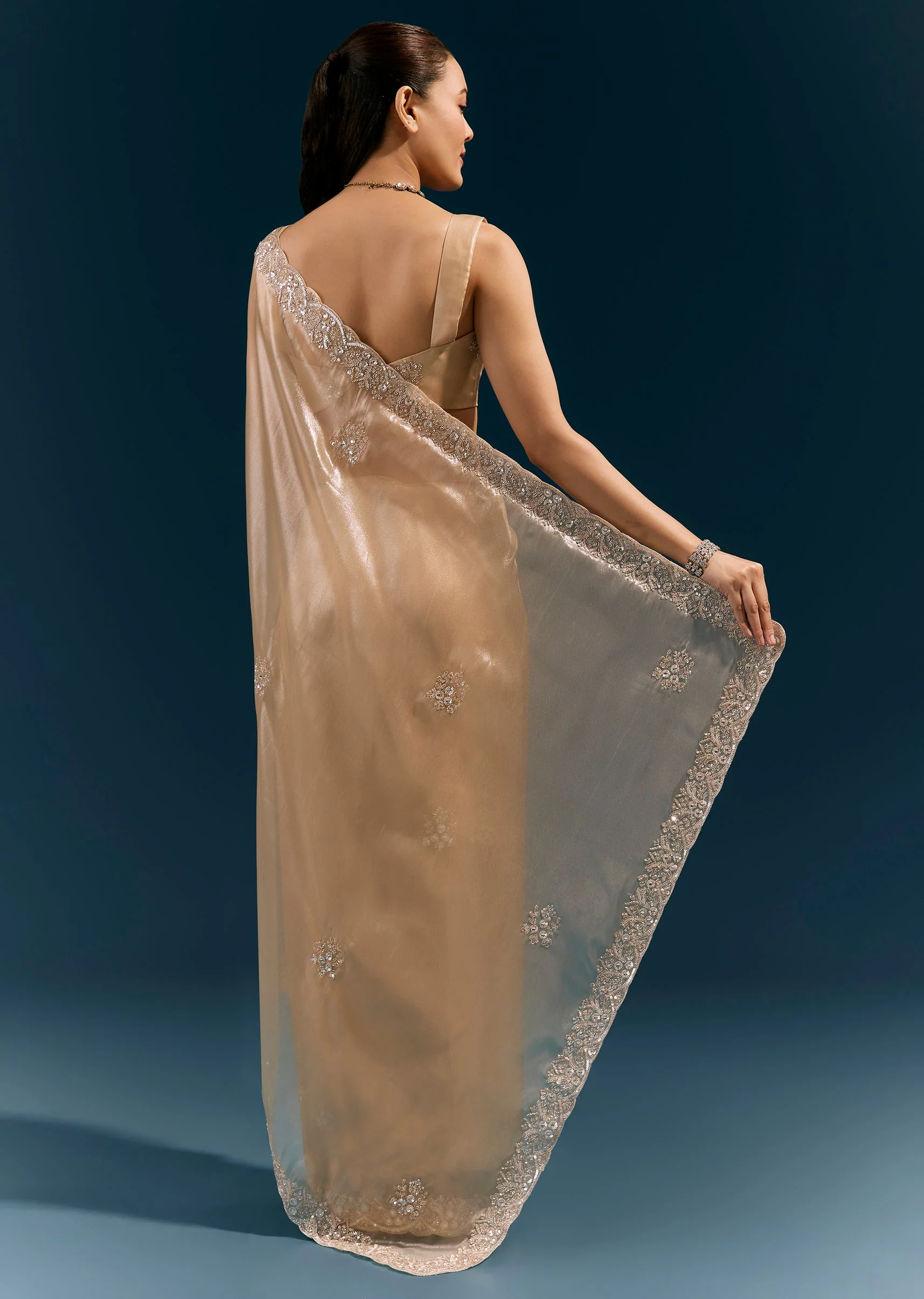 Beige Net Saree With Scalloped Cutda And Sequin Embroidered Border - Image 4