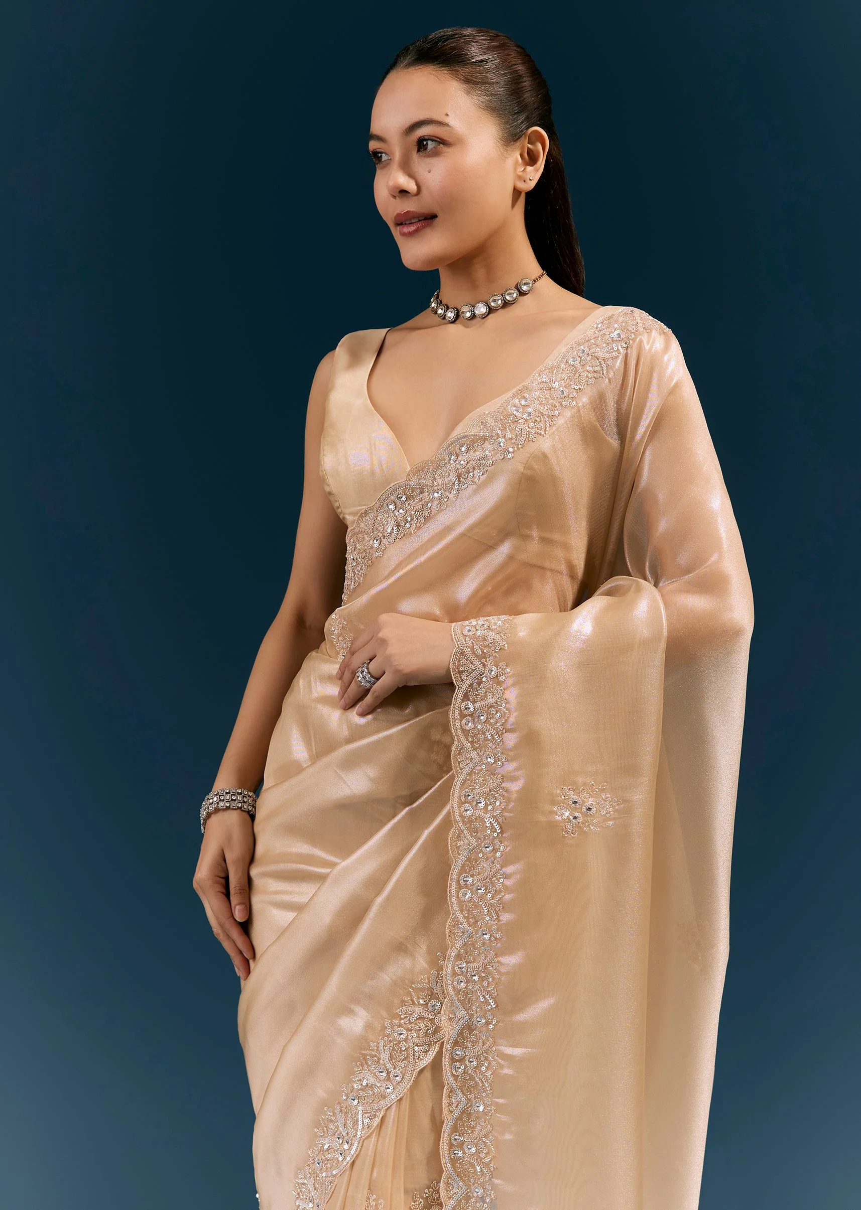 Beige Net Saree With Scalloped Cutda And Sequin Embroidered Border - Image 5