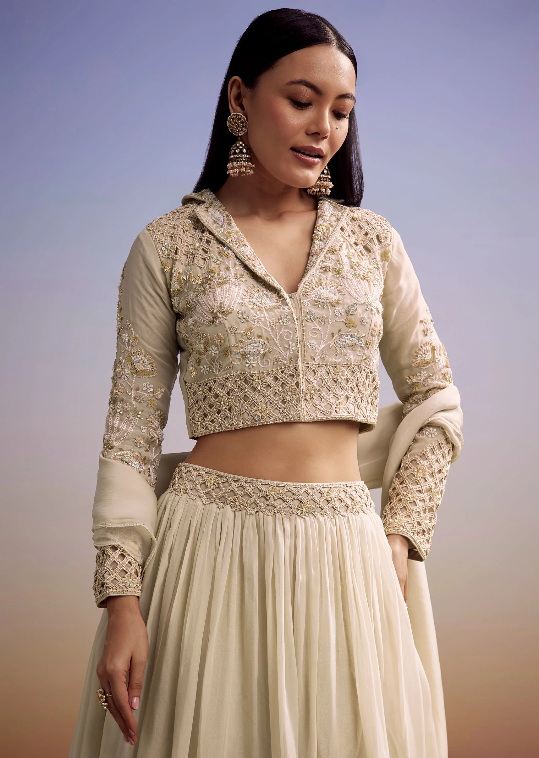 Beige Organza Lehenga Set With Embroidered Choli And Dupatta - Image 2