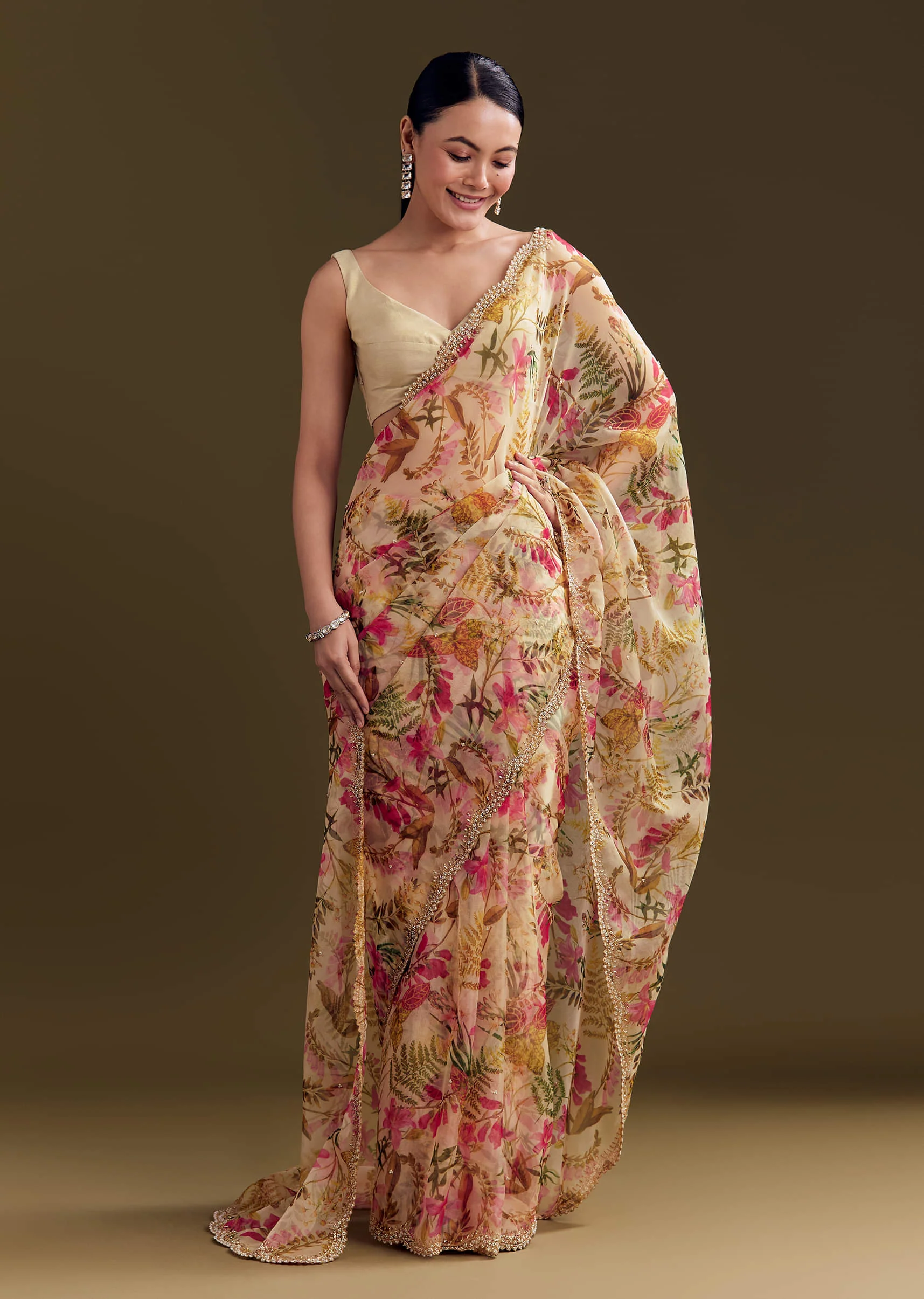 Beige Organza Saree With Beaded Border And Floral Print - Image 2