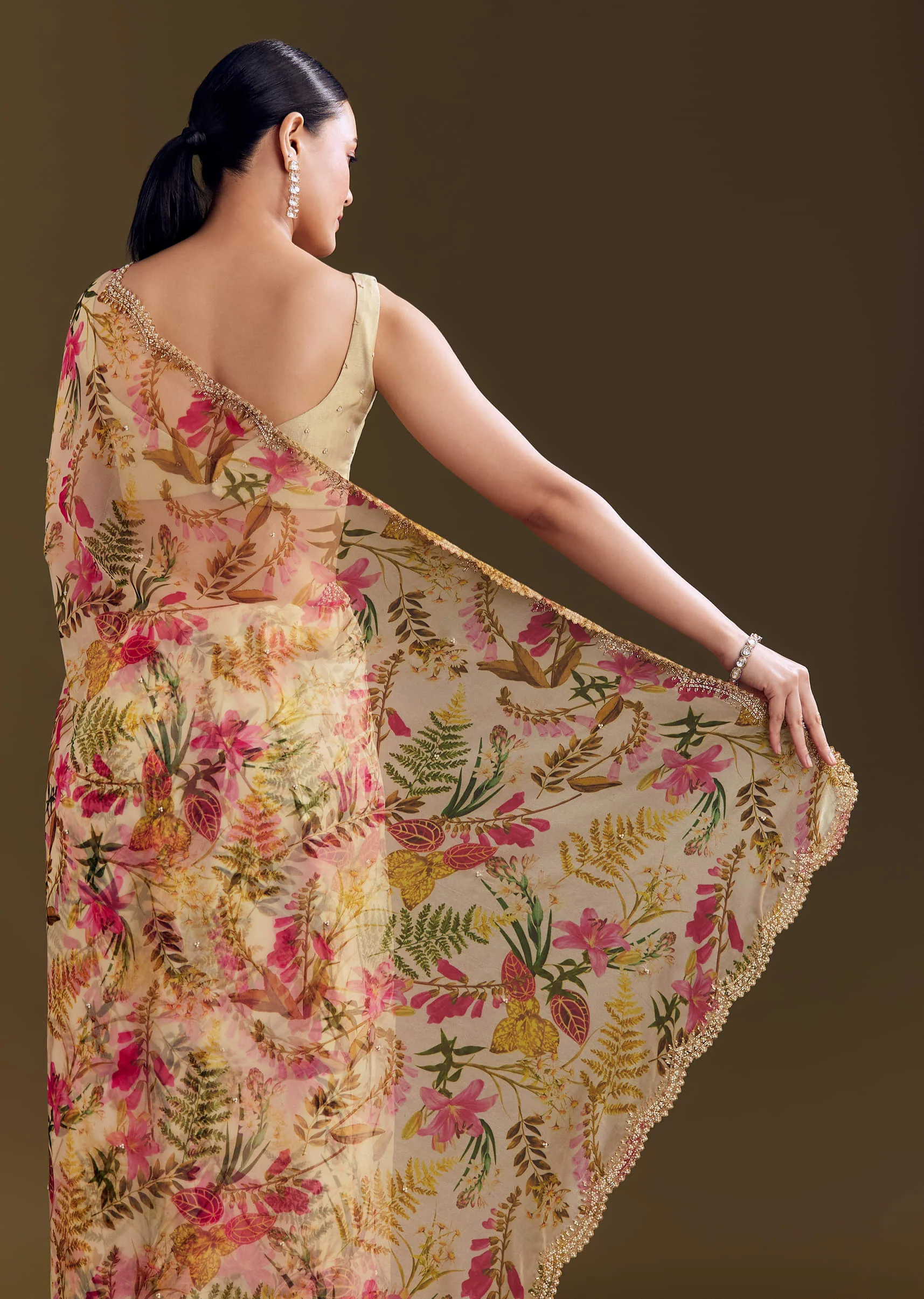 Beige Organza Saree With Beaded Border And Floral Print - Image 4