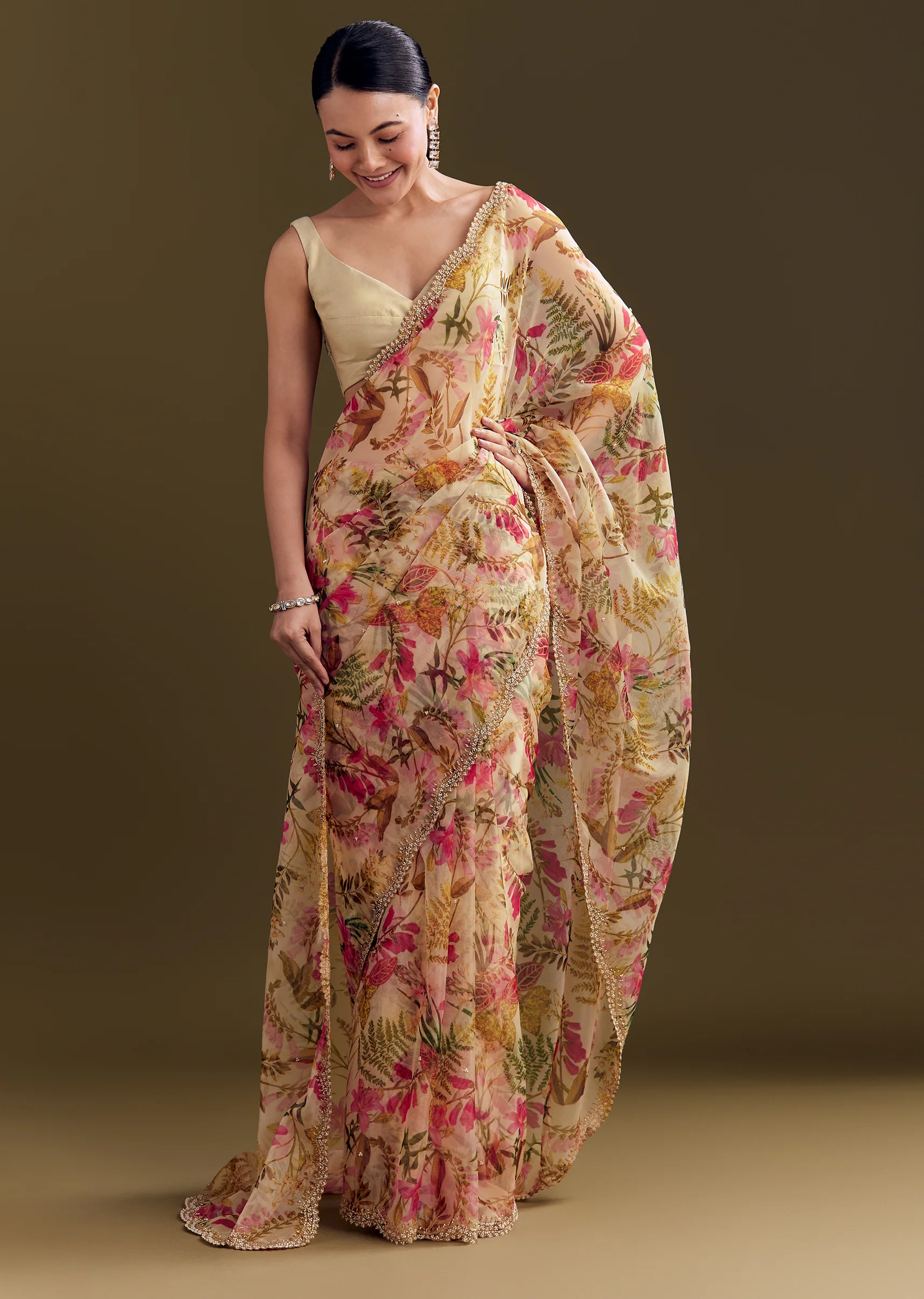 Beige Organza Saree With Beaded Border And Floral Print - Image 5