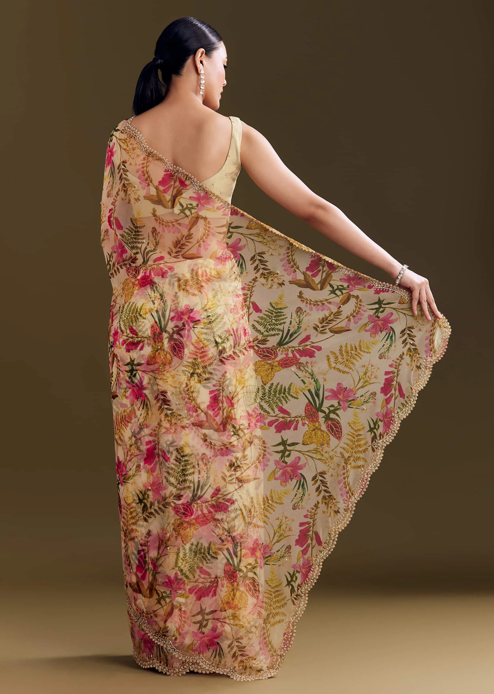 Beige Organza Saree With Beaded Border And Floral Print - Image 6