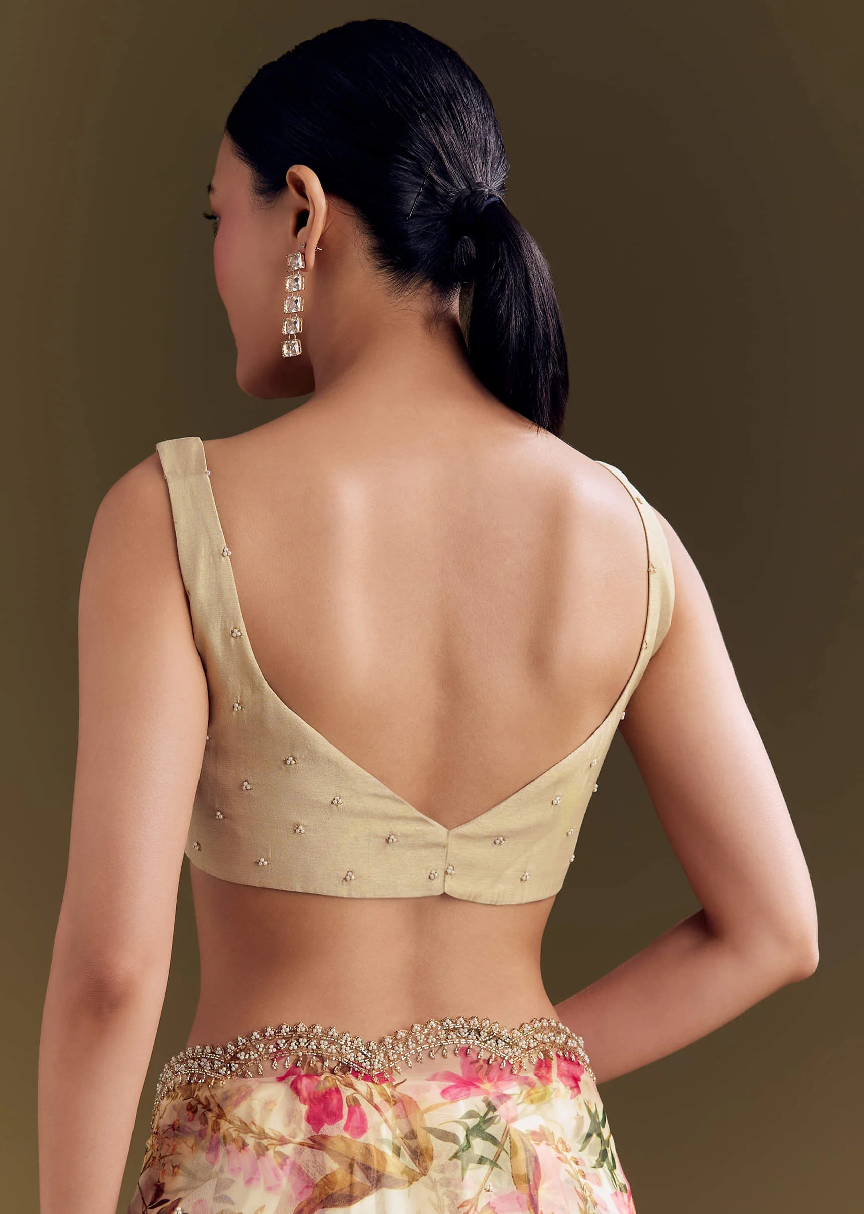 Beige Organza Saree With Beaded Border And Floral Print - Image 8
