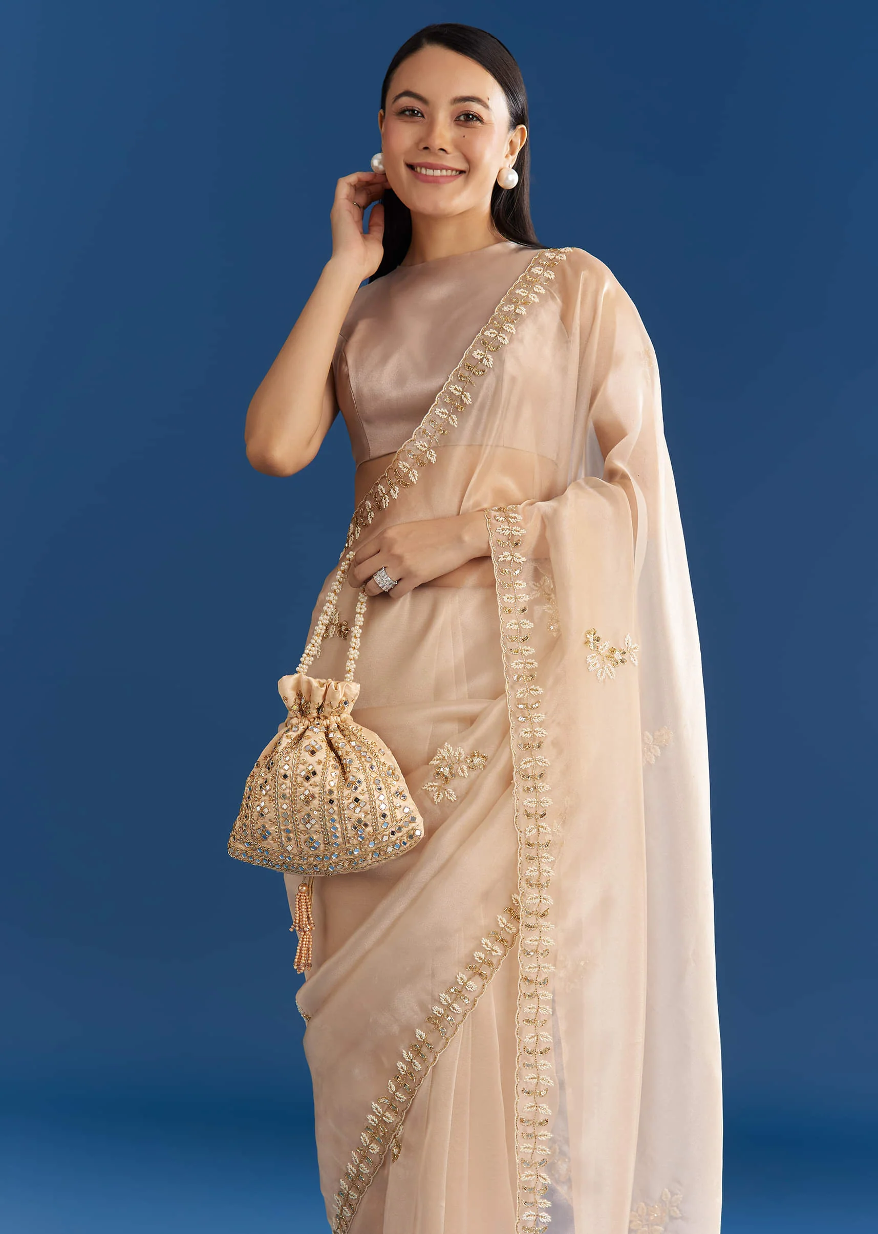 Beige Organza Tissue Saree With Cutdana Detailing - Image 2