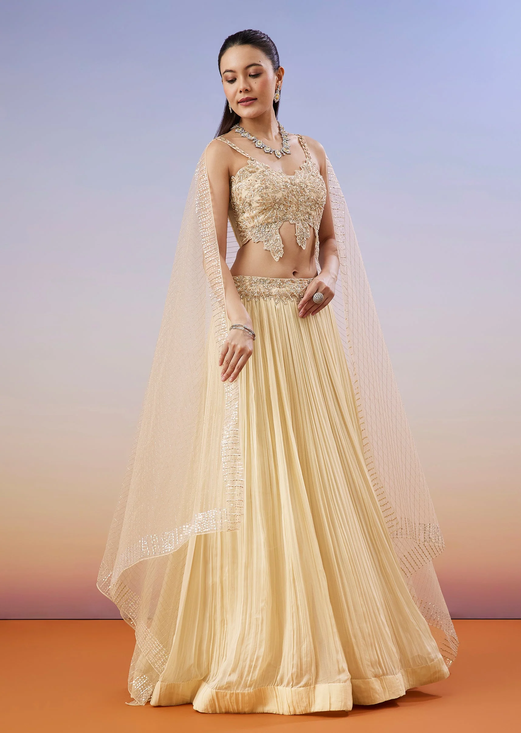 Beige Pastel Cut Dana And Moti Work Lehenga - Image 4