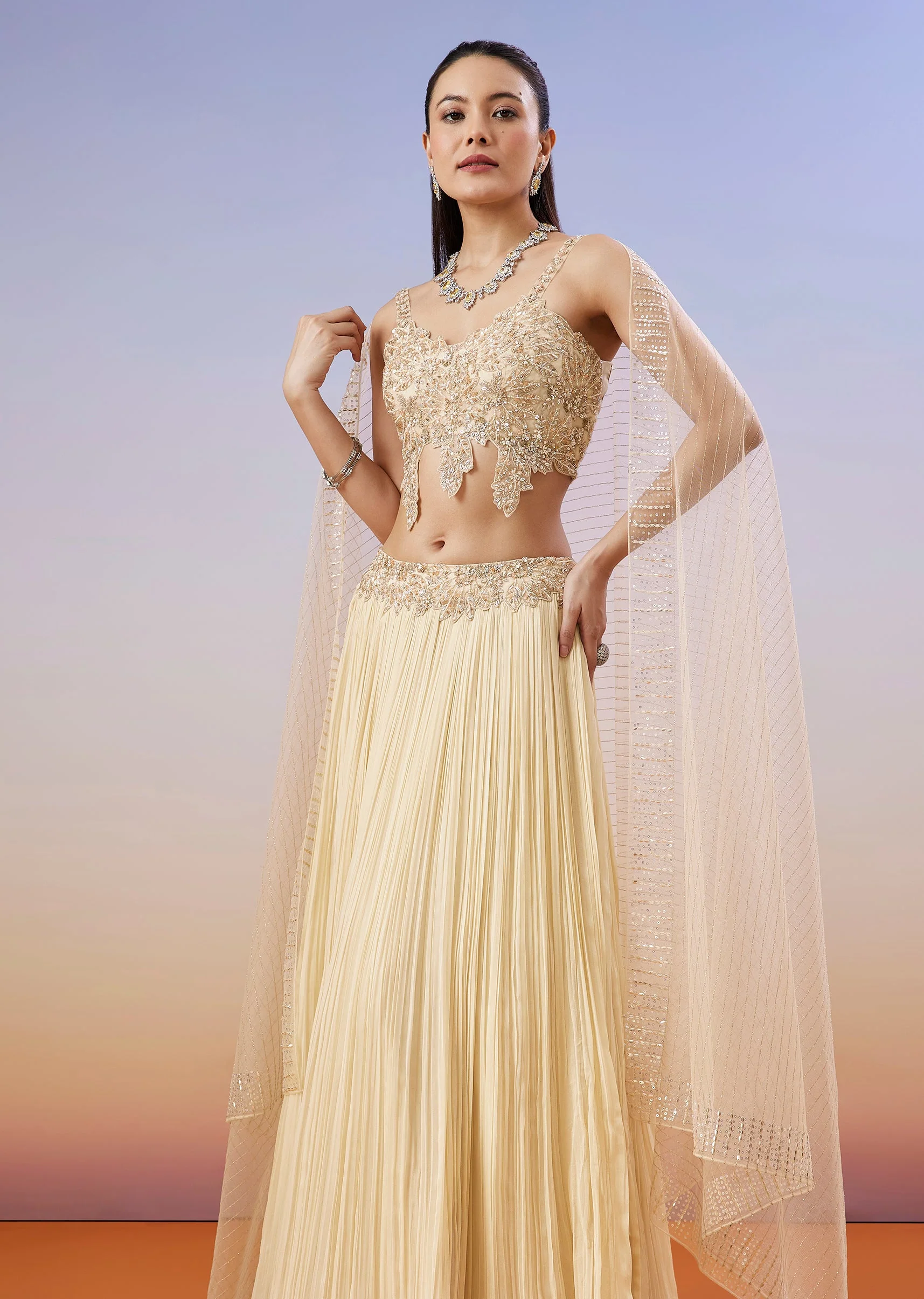 Beige Pastel Cut Dana And Moti Work Lehenga - Image 5