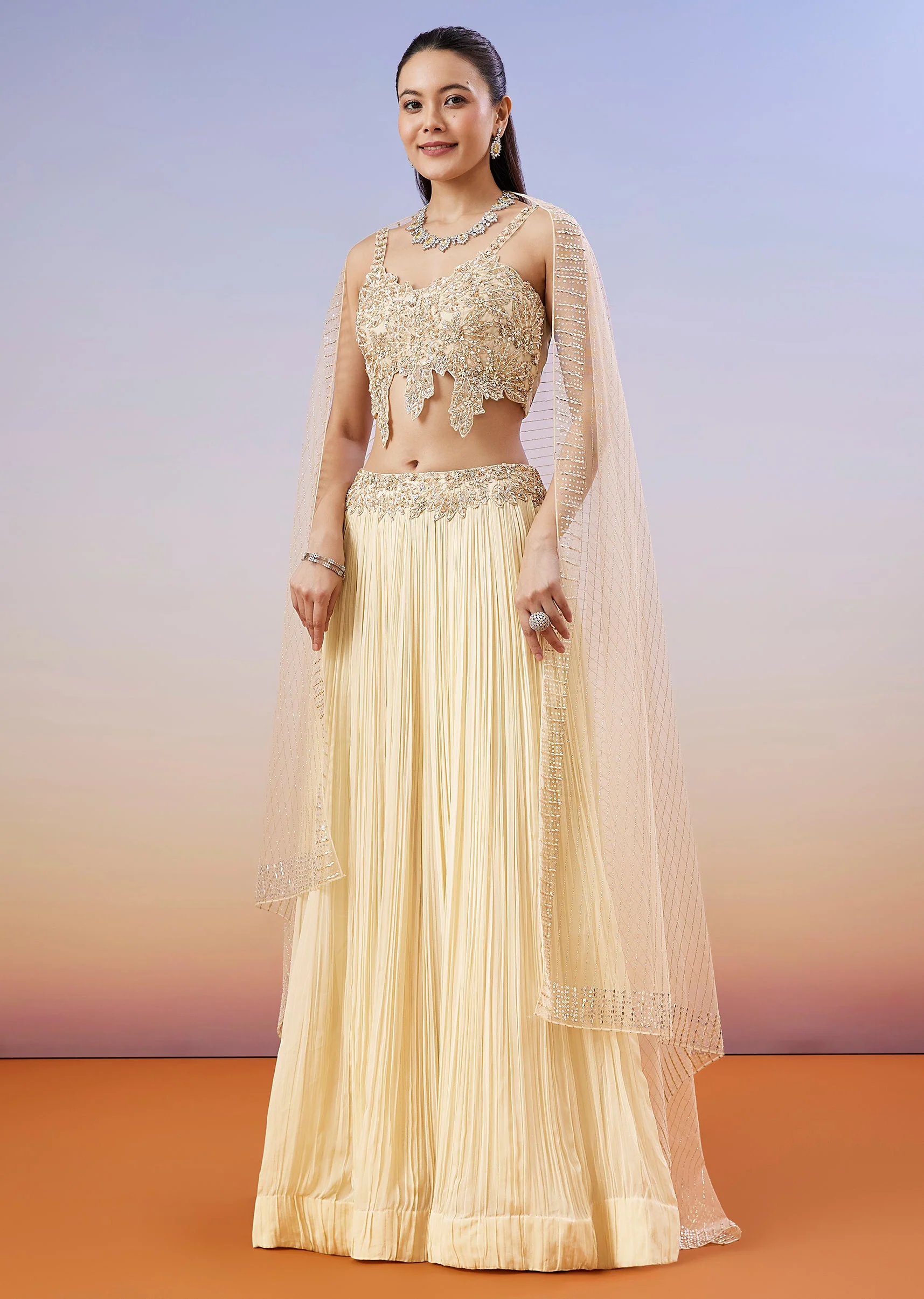 Beige Pastel Cut Dana And Moti Work Lehenga - Image 6