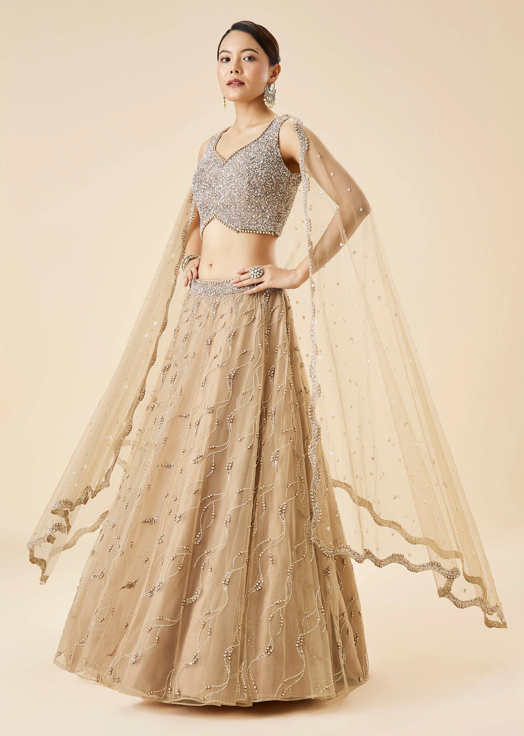 Beige Pastel Embroidered Bridal Lehenga Set With Dupatta - Image 4