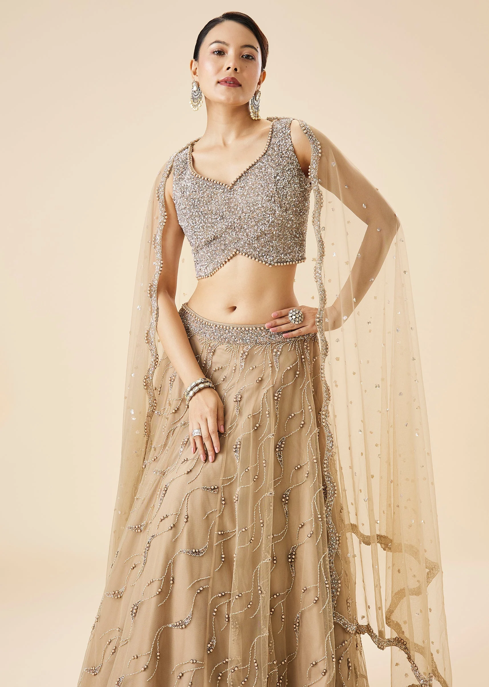 Beige Pastel Embroidered Bridal Lehenga Set With Dupatta - Image 5