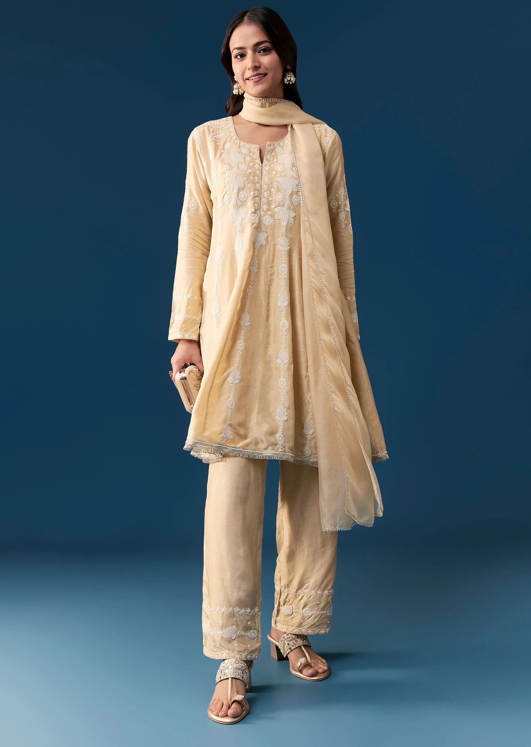 Beige Peplum Pakistani Style Anarkali Suit Thread Work - Image 2