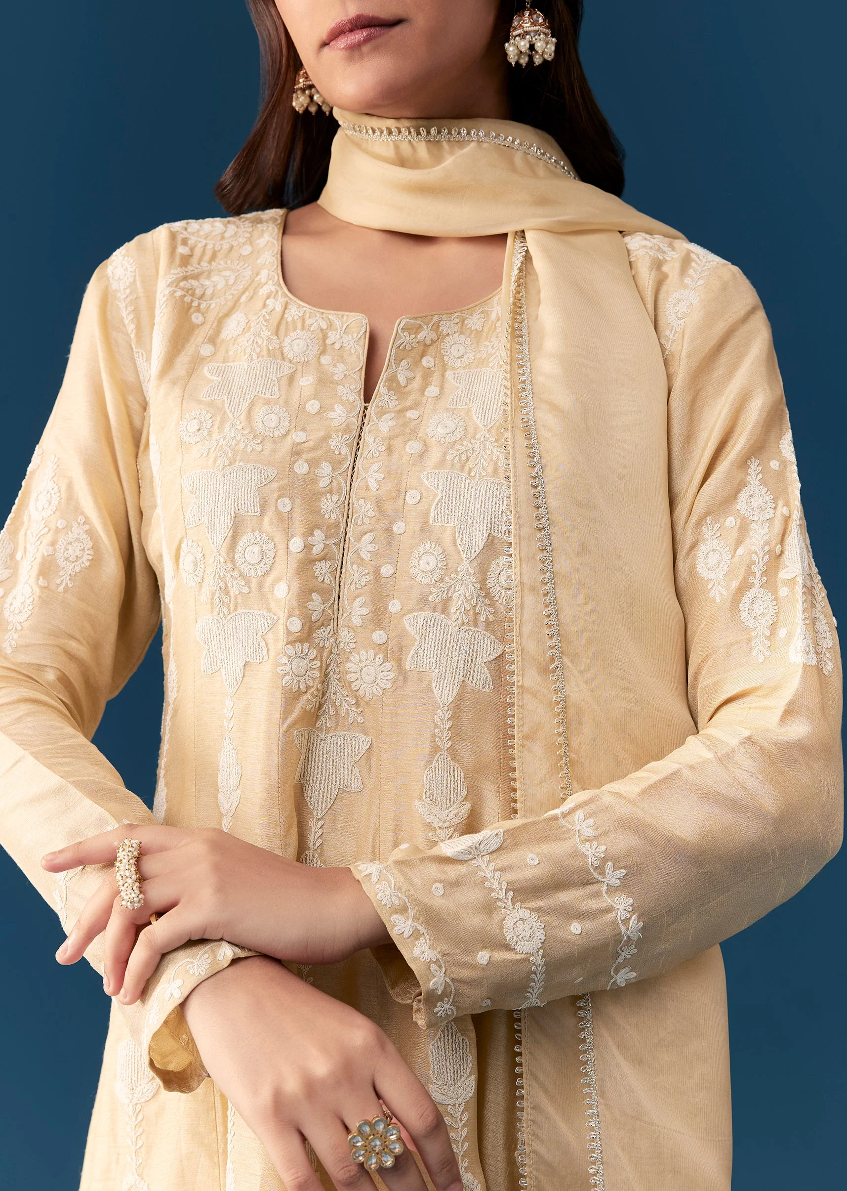Beige Peplum Pakistani Style Anarkali Suit Thread Work - Image 3