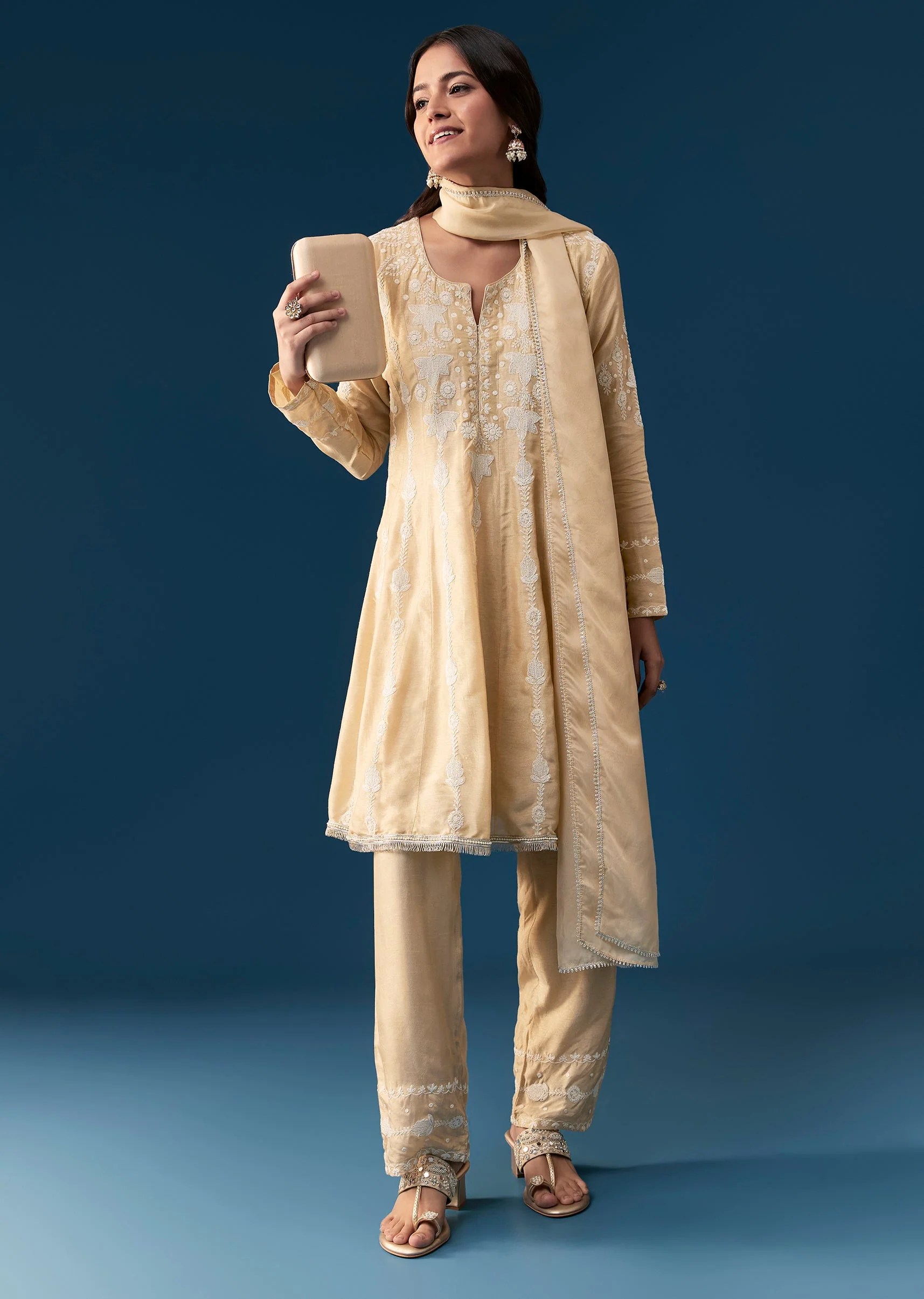 Beige Peplum Pakistani Style Anarkali Suit Thread Work - Image 4